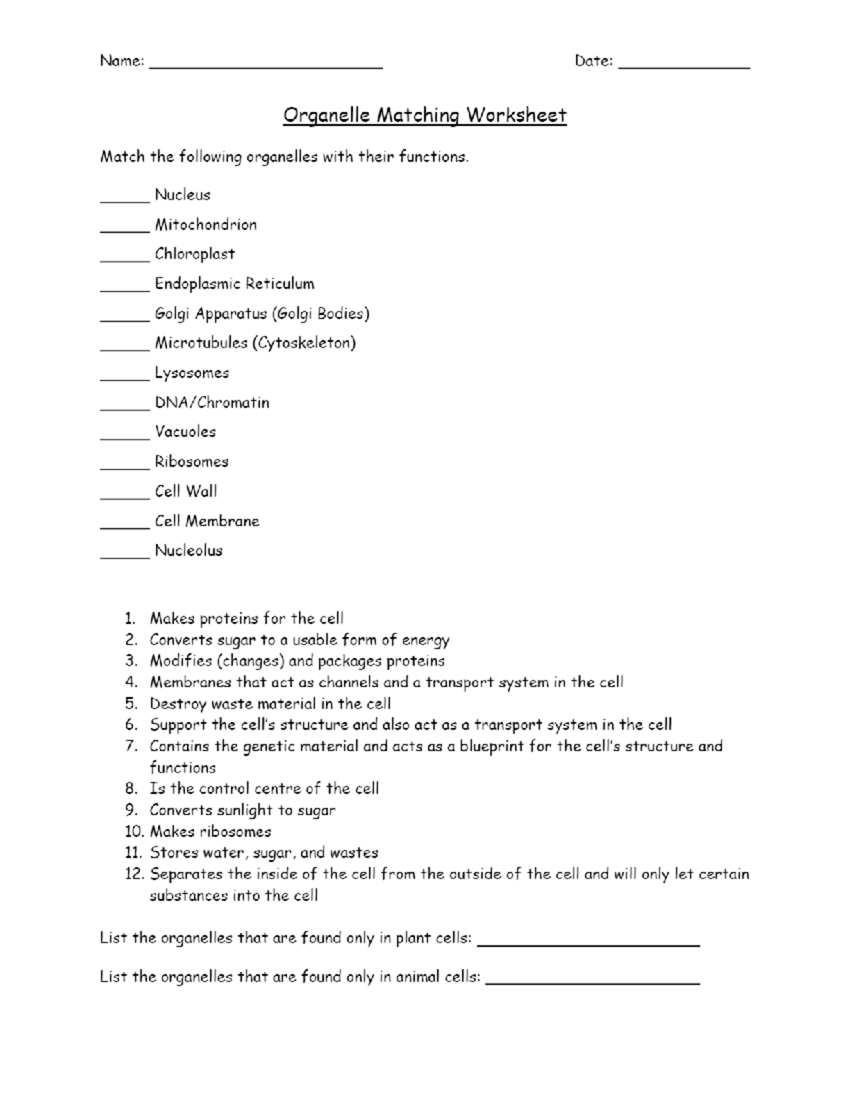 Organelle Function Matching Worksheet for Biology 101 - Studocu