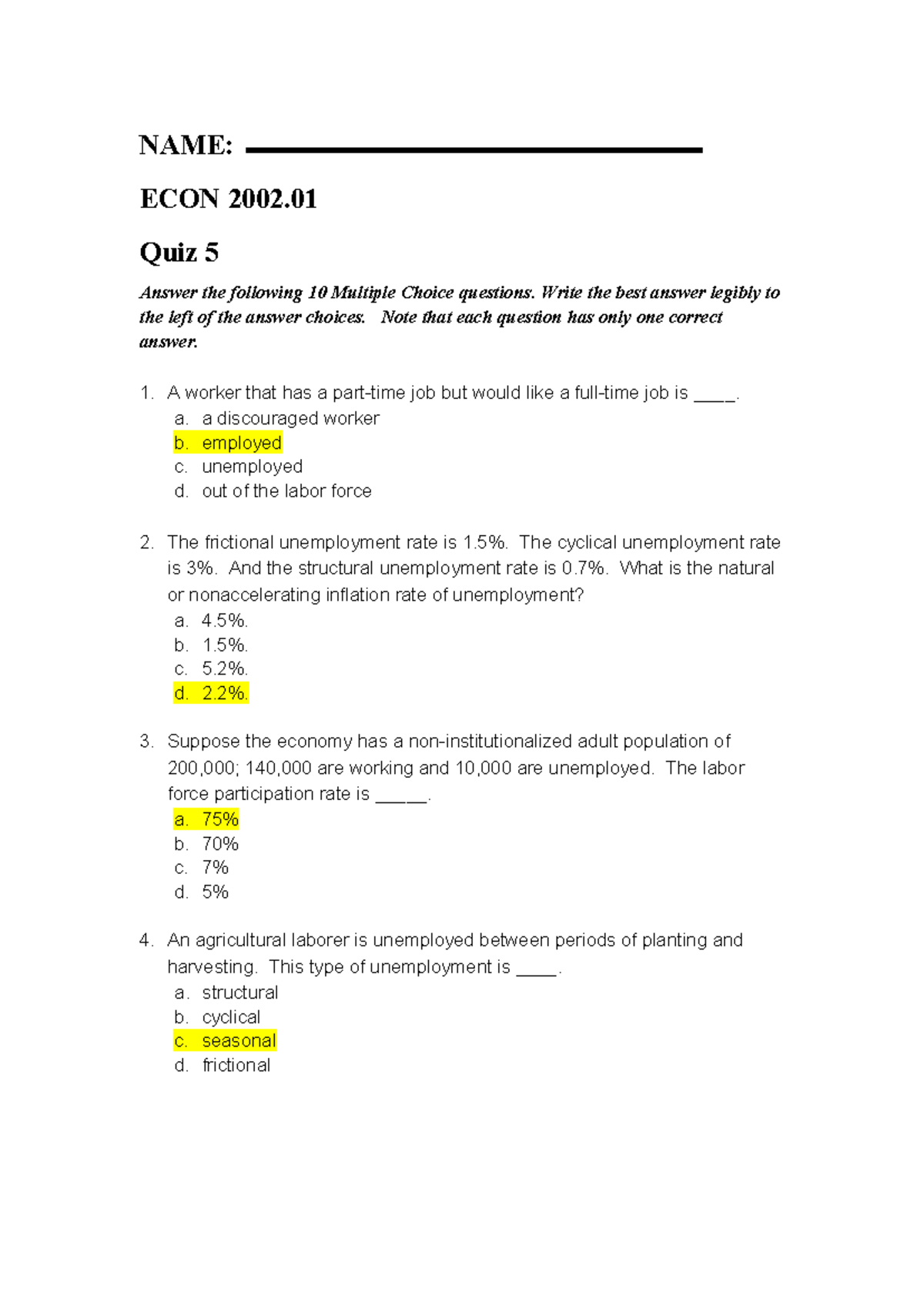 Econ 2002.01 Quiz 5: MCQs on Unemployment & Inflation - Studocu