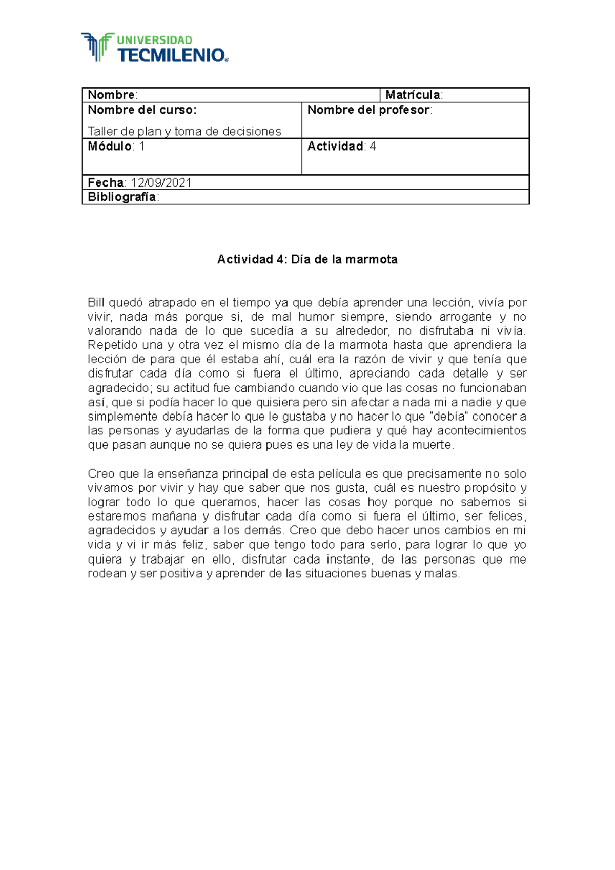 Actividad 4 Taller DE Planeación Y TOMA DE Decisiones - Nombre ...