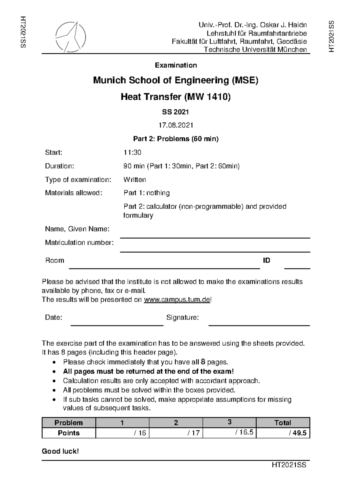 Examination Heat Transfer (MSE) Problems Part 2 - SS 2021 - Studocu