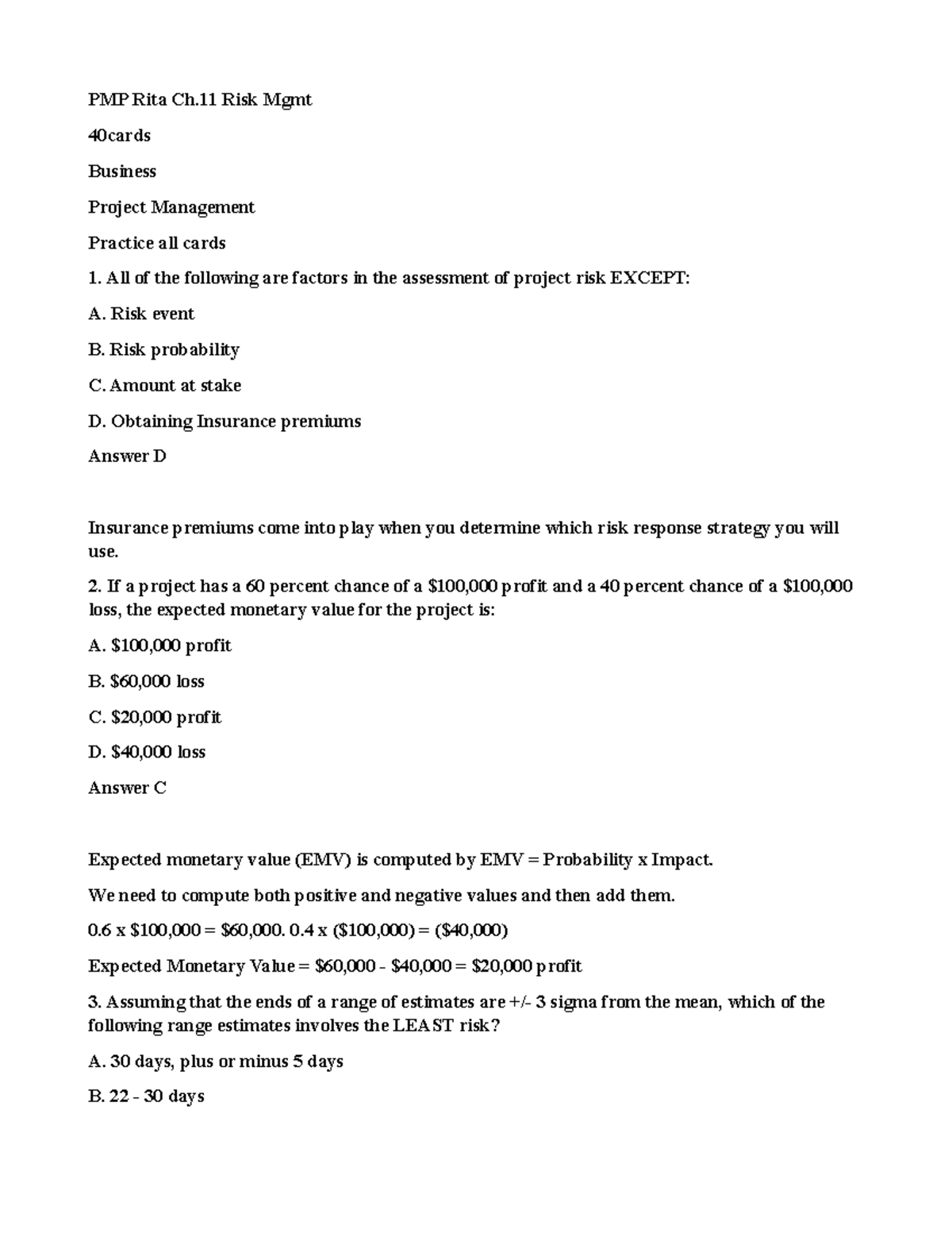 PMP Risk Management Study Cards: Key Concepts and Practice Qs - Studocu