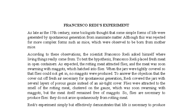 Francesco Redi's Experiment: Spontaneous Generation Rejected - Studocu
