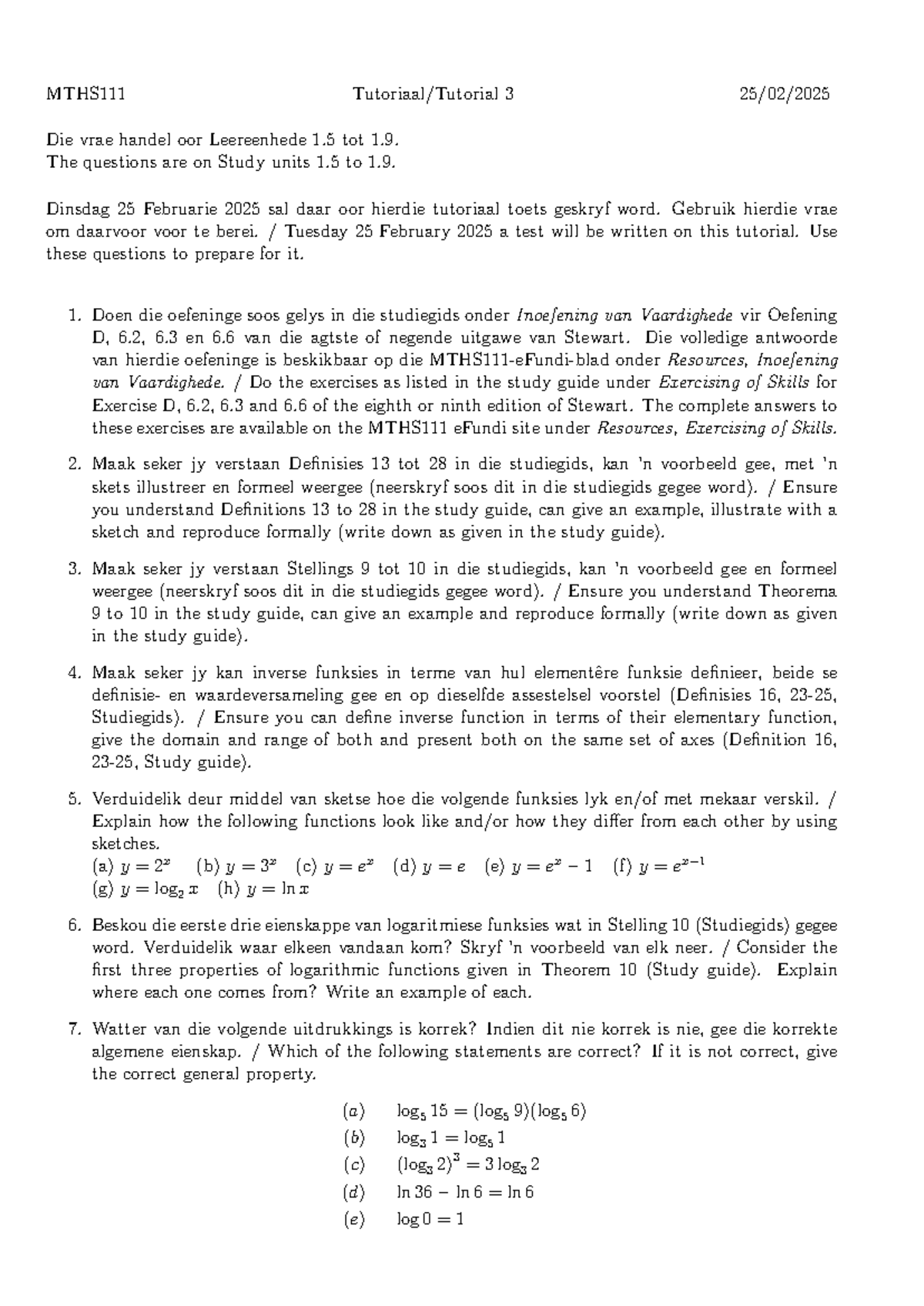MTHS111 Tutorial 3 Questions for Test Preparation - 25 Feb 2025 - Studocu