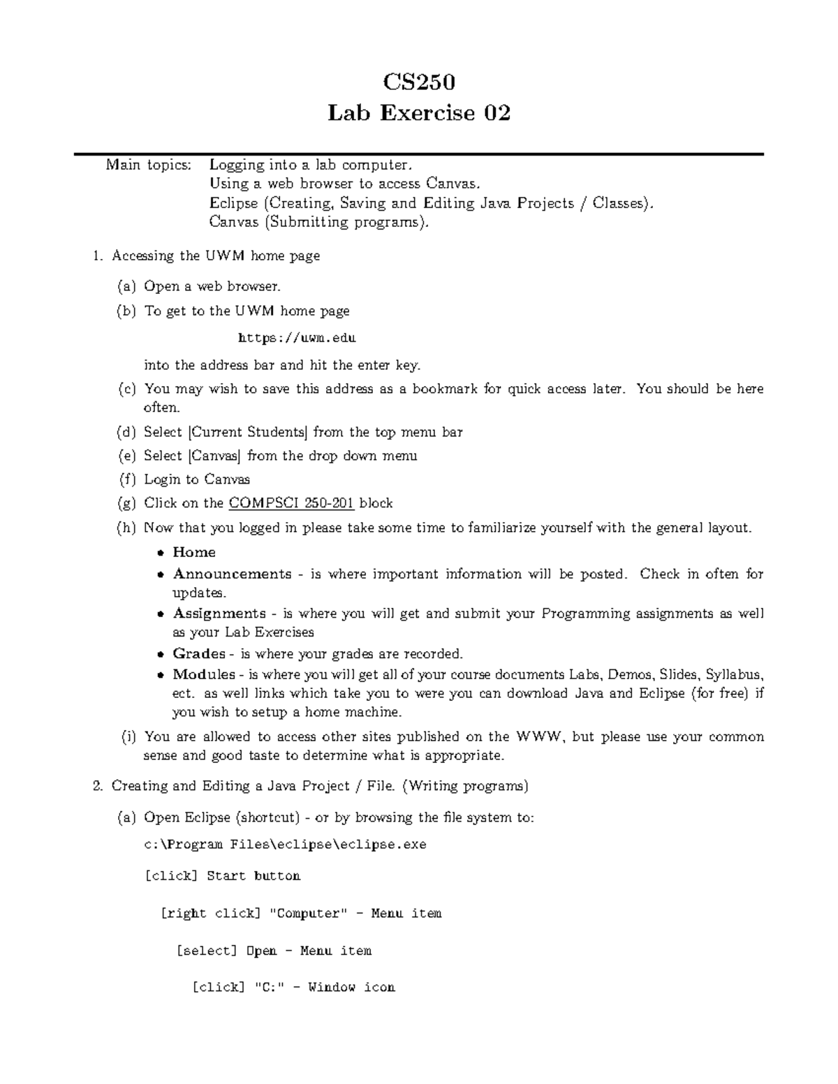 CS250 Lab Exercise 02: Java Project Creation & Canvas Submission - Studocu