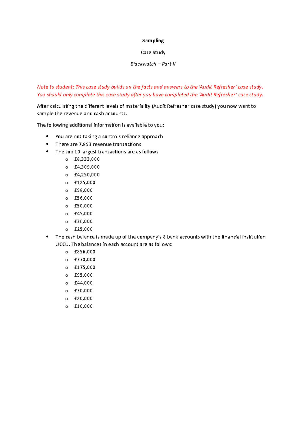Sampling - Case Study - Sampling Case Study Blackwatch – Part II Note ...