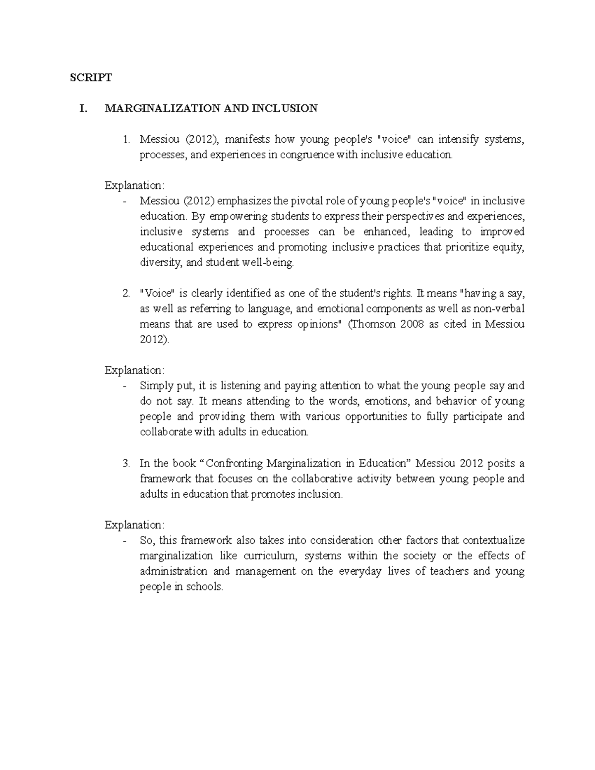 Copy of Report Script - This is an outline - SCRIPT I. MARGINALIZATION ...