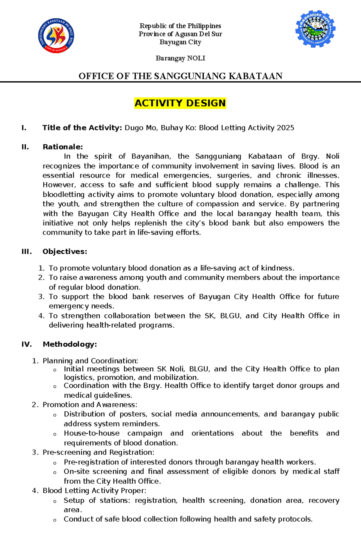 SK Activity Design: Dugo Mo, Buhay Ko Blood Letting Event 2025 - Studocu
