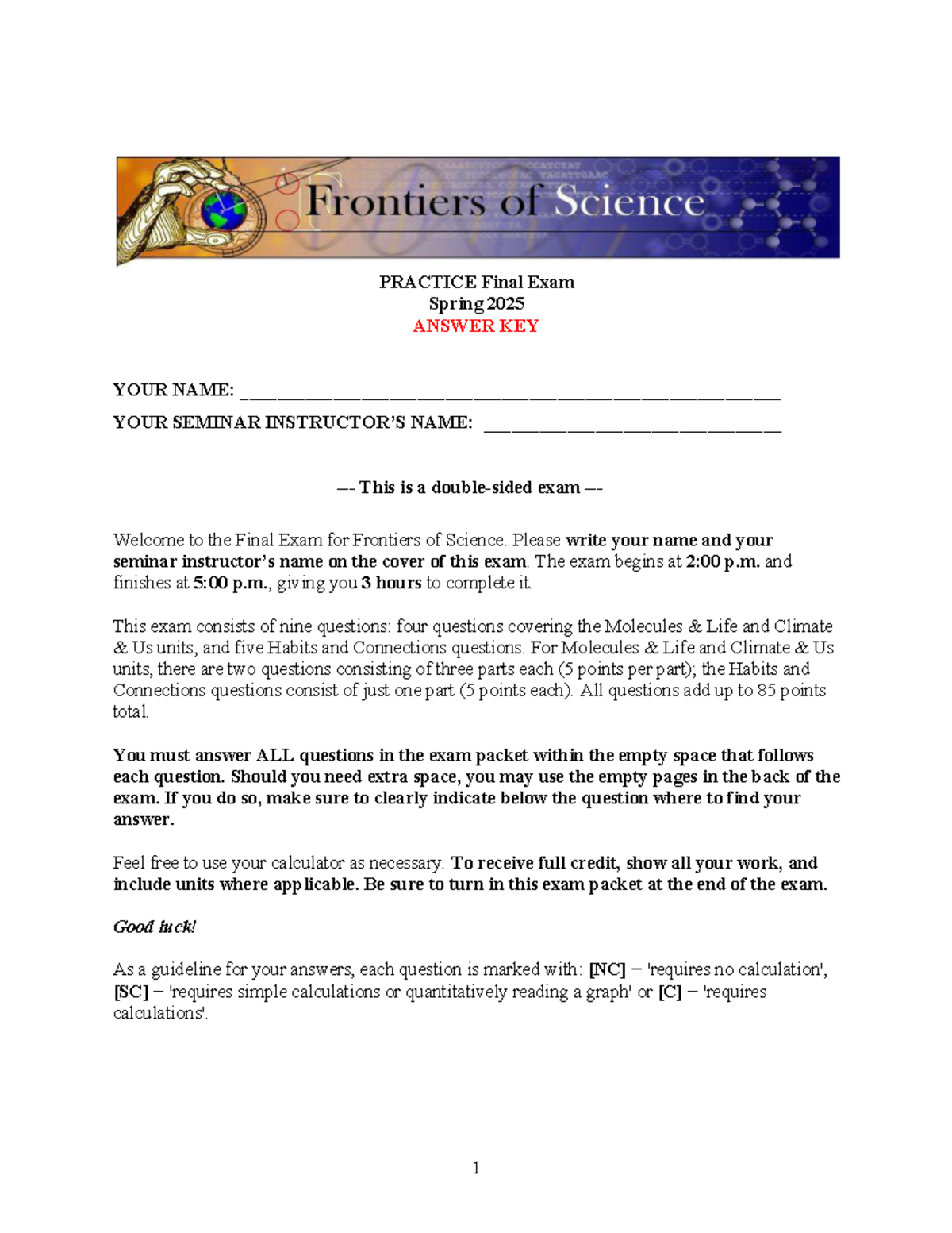 Practice Final Exam Answers for Frontiers of Science (Spring 2025 ...