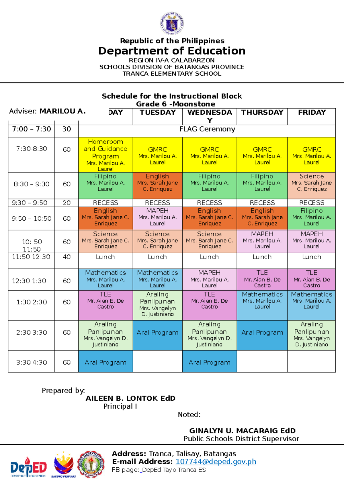 Schedule for the Instructional Block: Grades 4-6 - Studocu