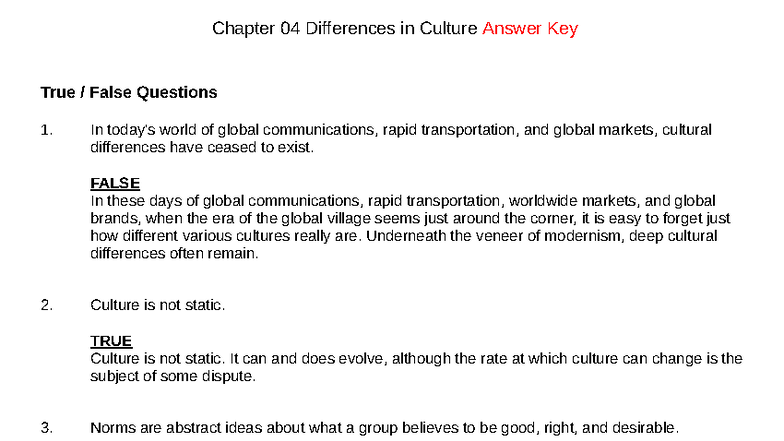 IB Testbank Chapter 04: Cultural Differences True/False Analysis - Studocu