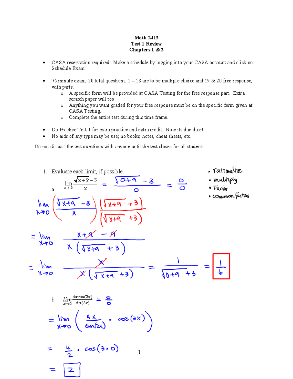 Math 2413 Test 1 Review Solutions: Chapters 1 & 2 Concepts - Studocu