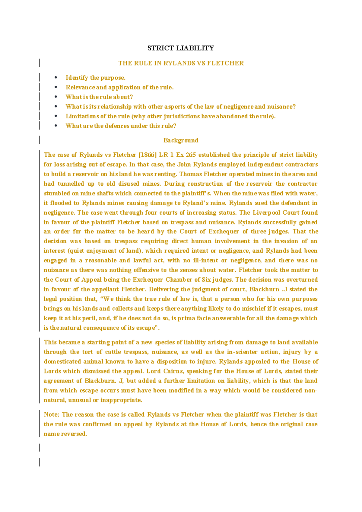 Strict Liability and the Rule in Rylands v Fletcher: A Comprehensive ...