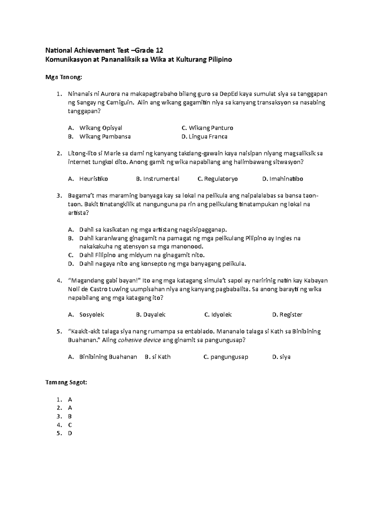 National Achievement Test (NAT) Questions: Komunikasyon at Wika - Studocu
