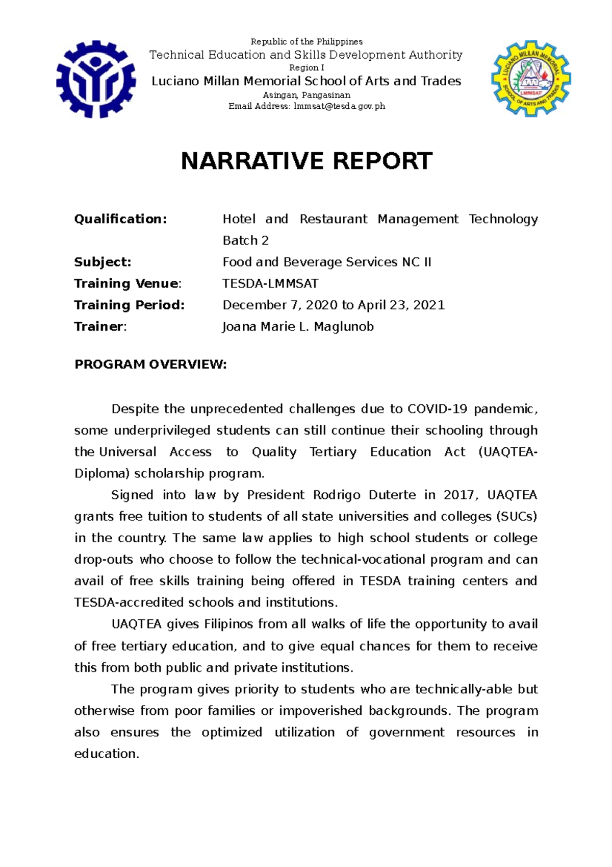 Final Report on Food and Beverage Services NC II Assessment (HRMT ...