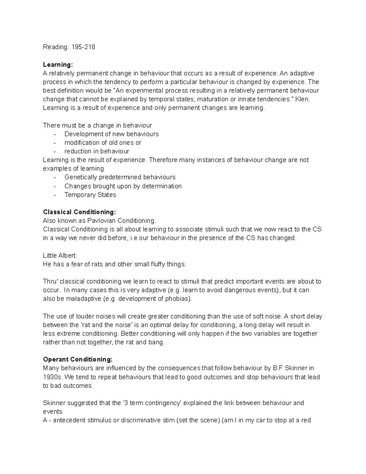 Classical Conditioning & Operant Conditioning Notes (Psych 101) - Studocu