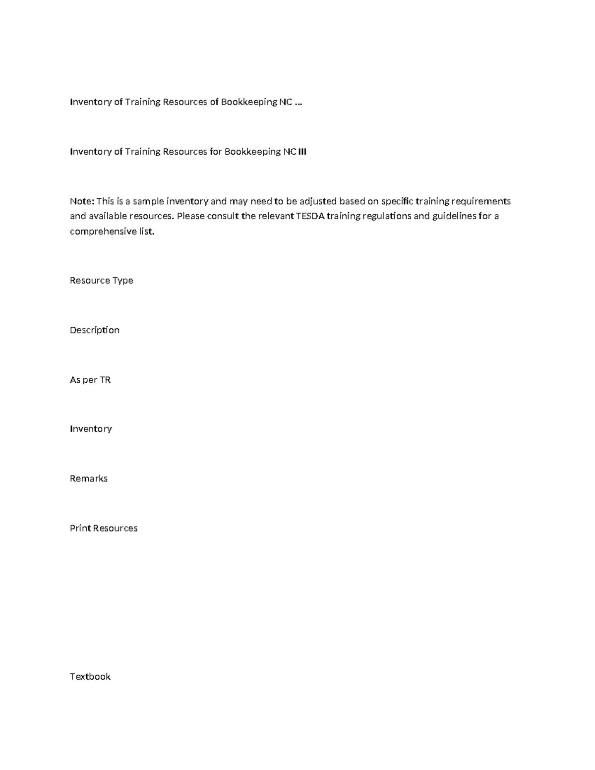 Training Resources & Plan Inventory for Bookkeeping NC III - Studocu