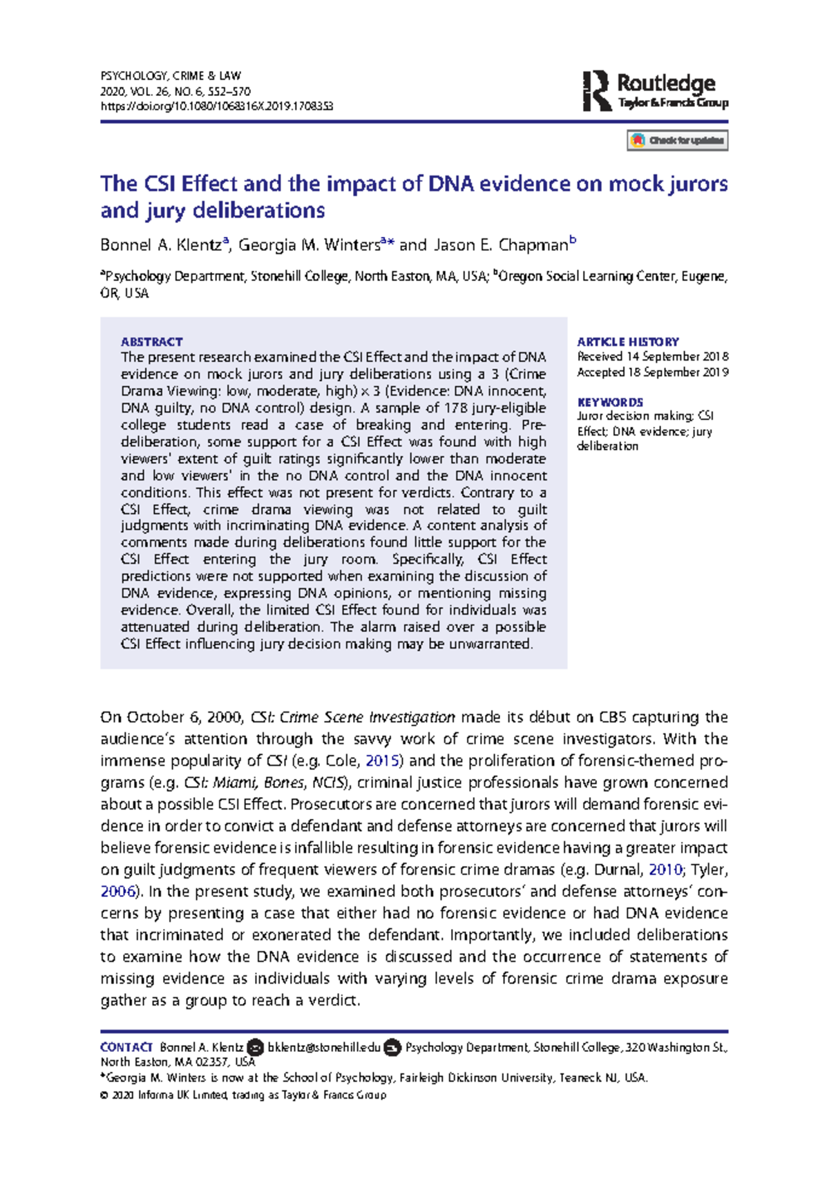 The CSI Effect: Impact of DNA Evidence on Jury Decisions (PSY 2020 ...