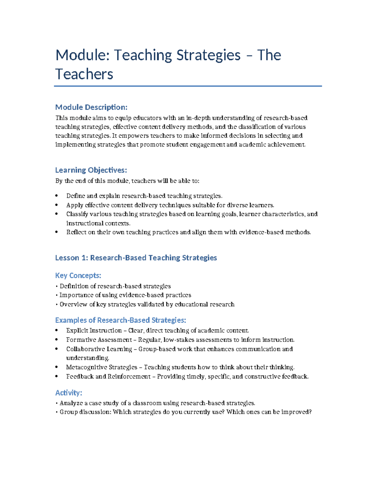 Teaching Strategies Module: Effective Methods for Educators - Studocu