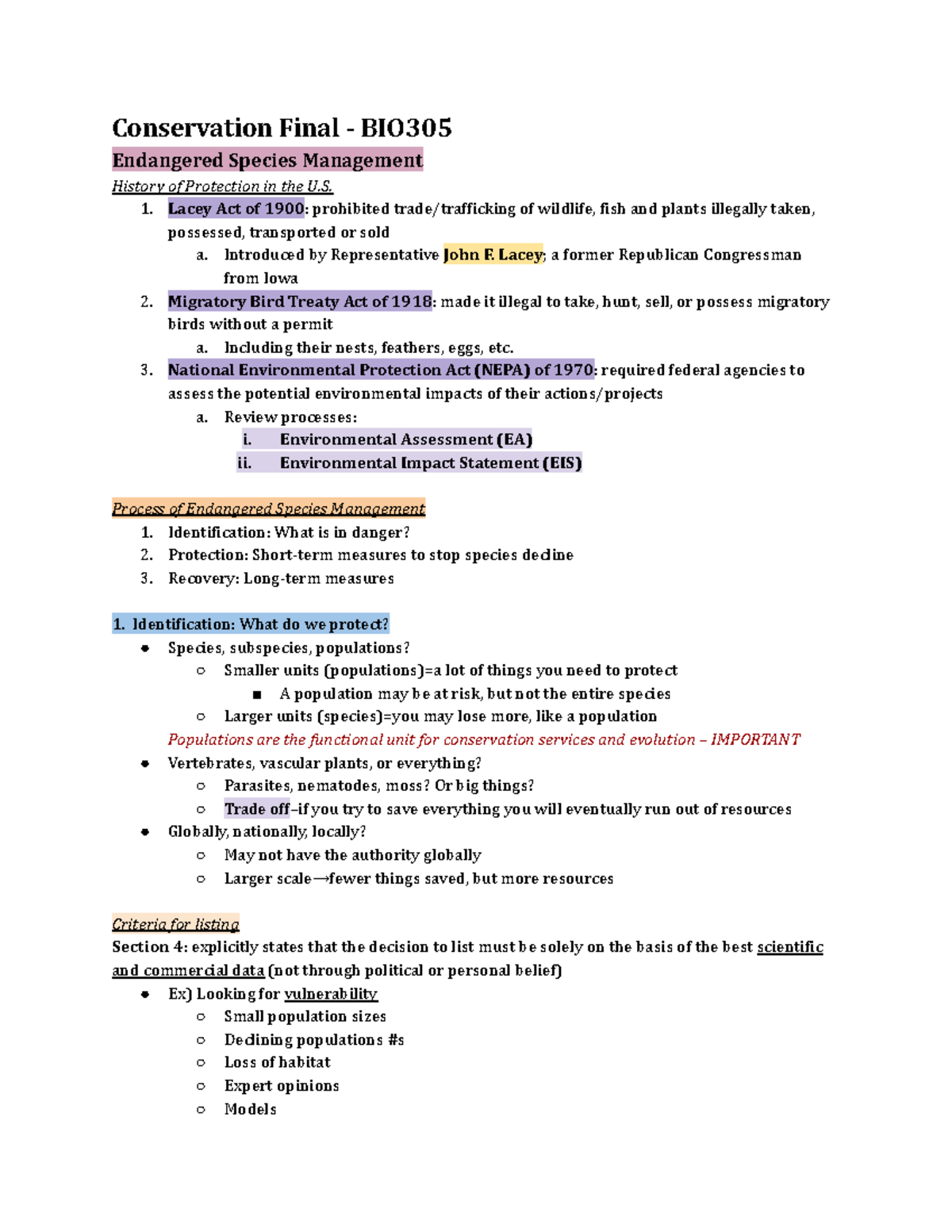 Conservation Final Exam Notes: BIO305 Endangered Species Management ...