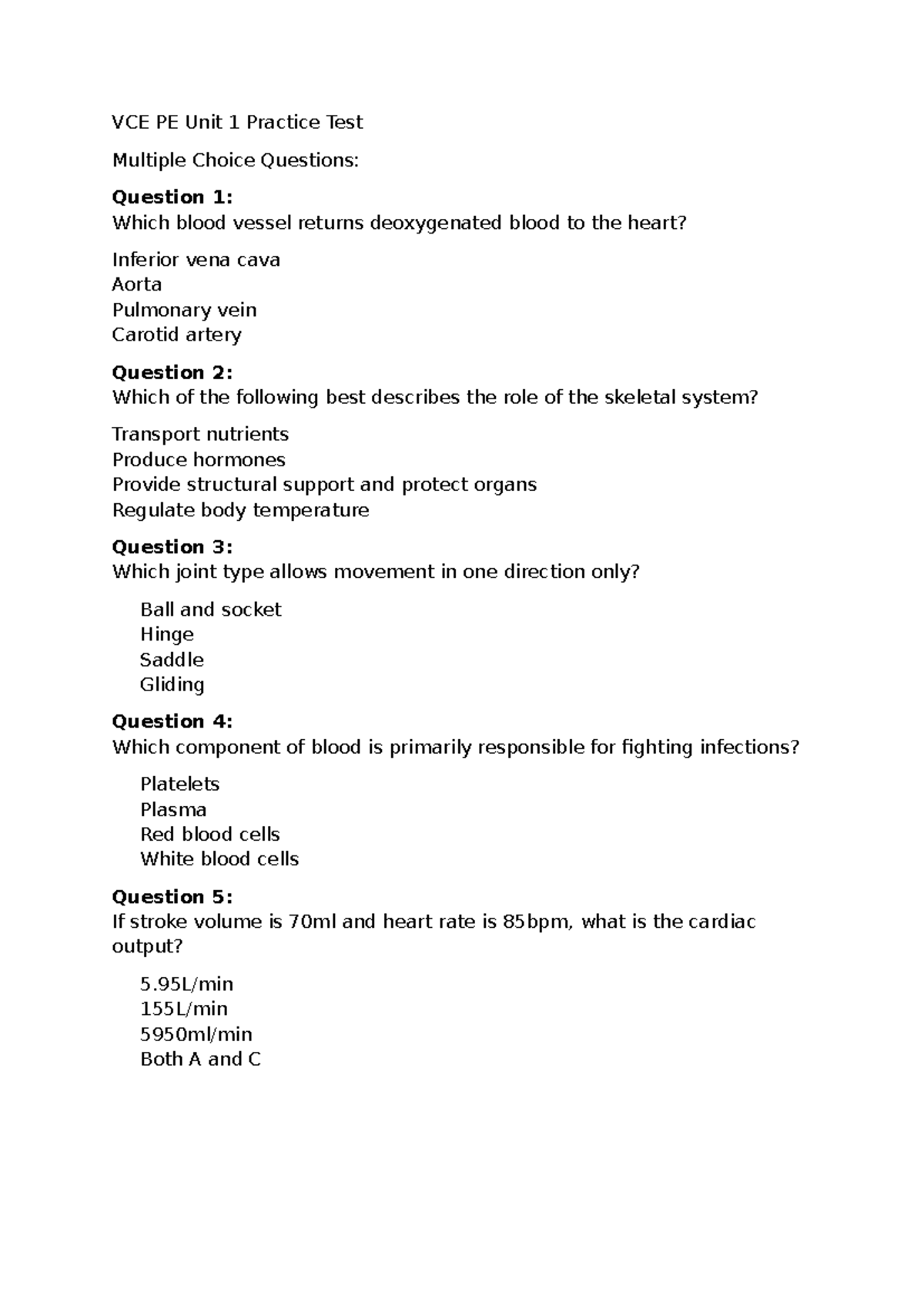 VCE PE Unit 1 Practice SAC: Multiple Choice & Case Study Questions ...