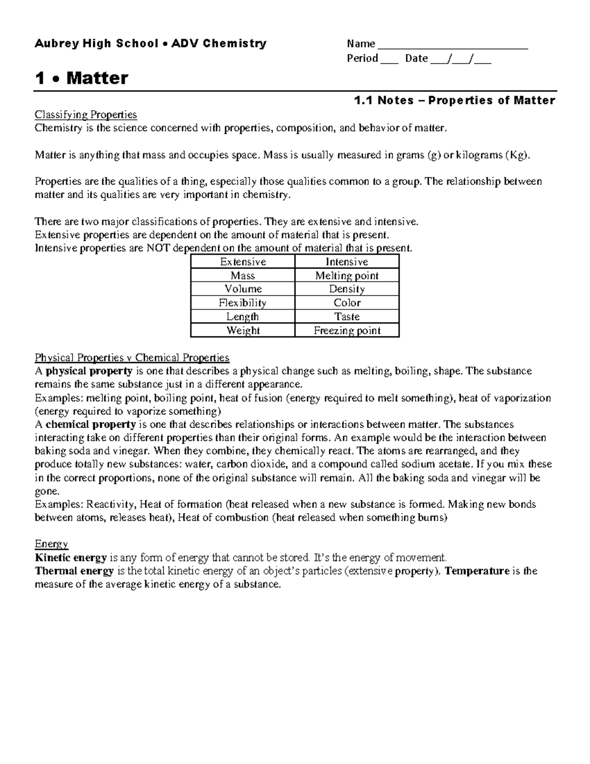 1.1 ADV Chemistry Notes: Properties of Matter (Rev 2020) - Studocu