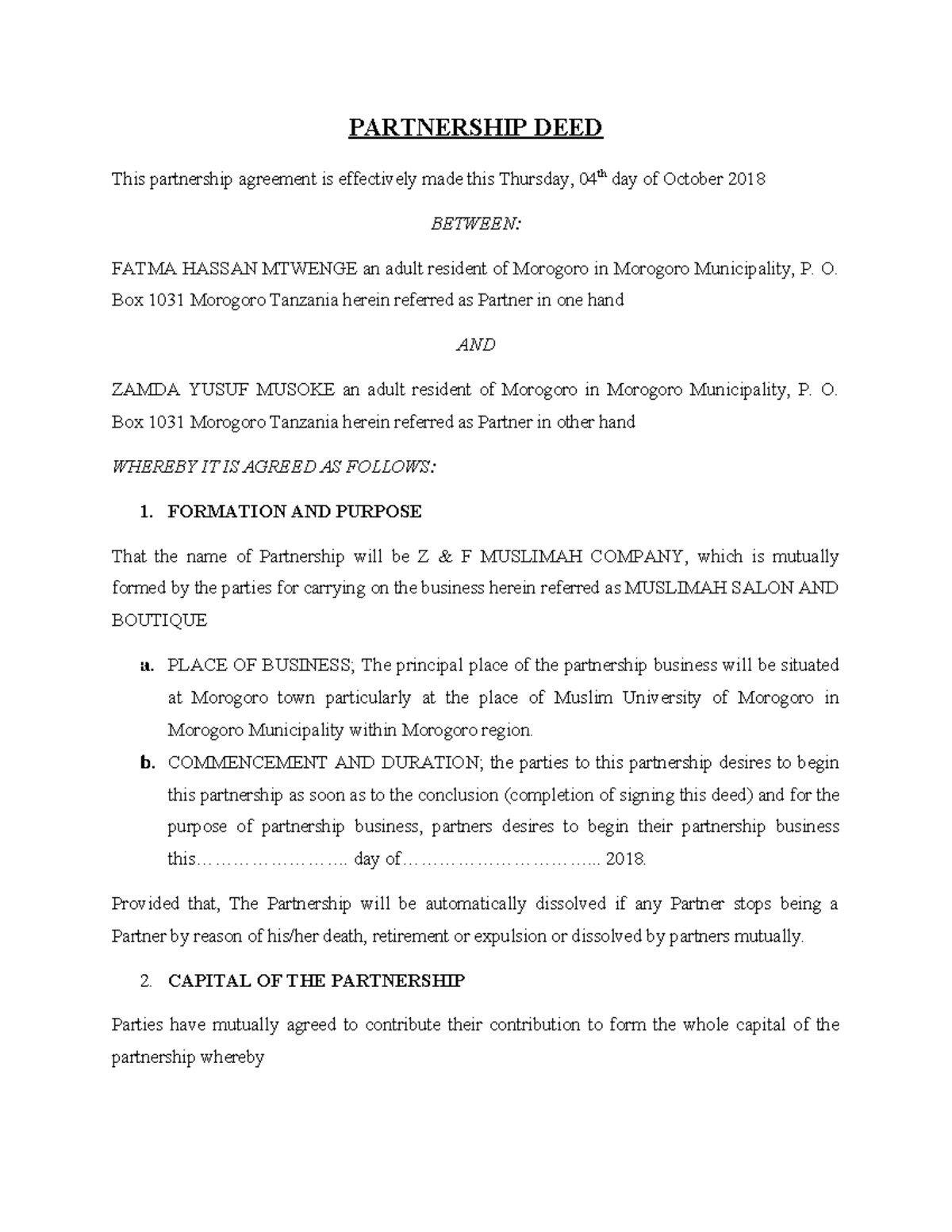 Partnership Deed for Z & F Muslimah Company - Agreement Details - Studocu