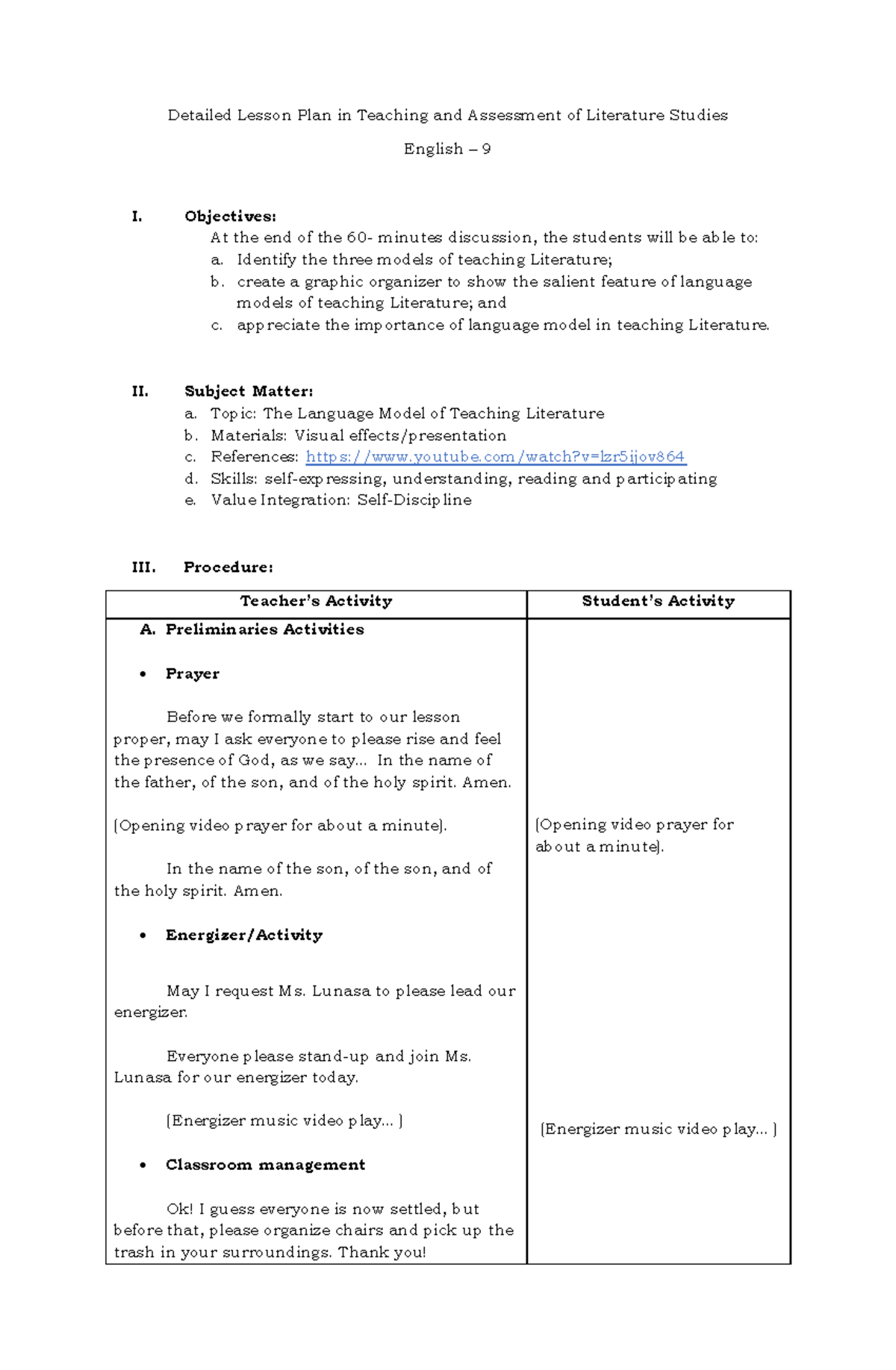 Lesson Plan on Language Models in Literature Teaching (ENG-9) - Studocu