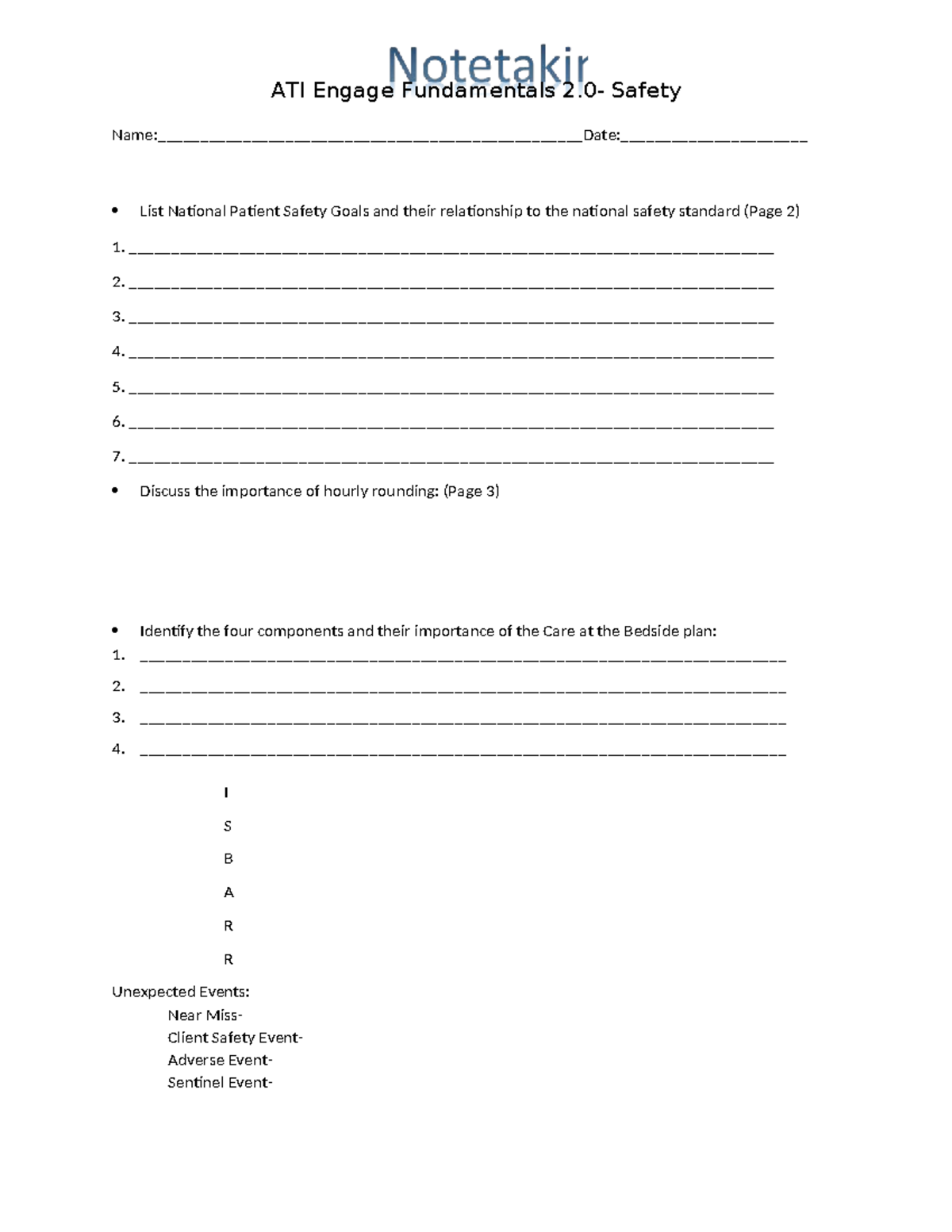 ATI Engage Fundamentals Safety Notetaking Guide: Key Concepts ...