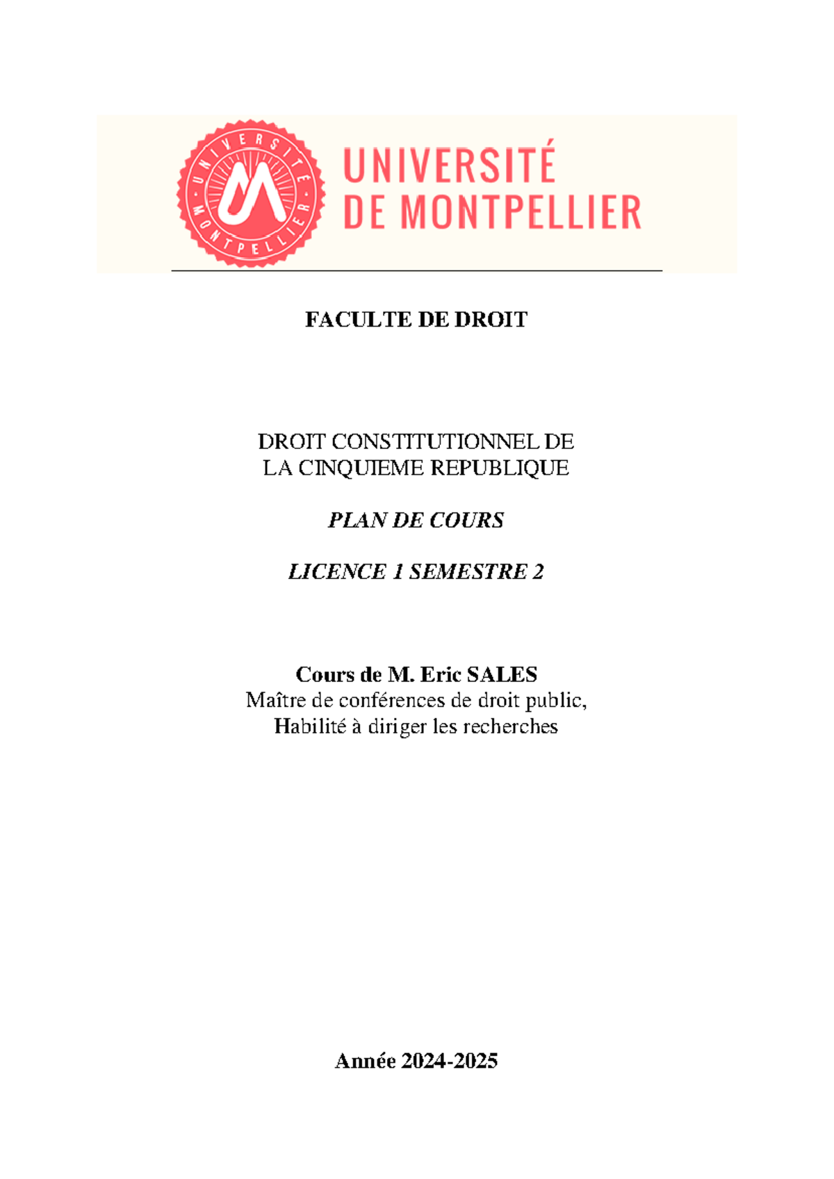 Plan du cours et bibliographie - FACULTE DE DROIT DROIT CONSTITUTIONNEL ...