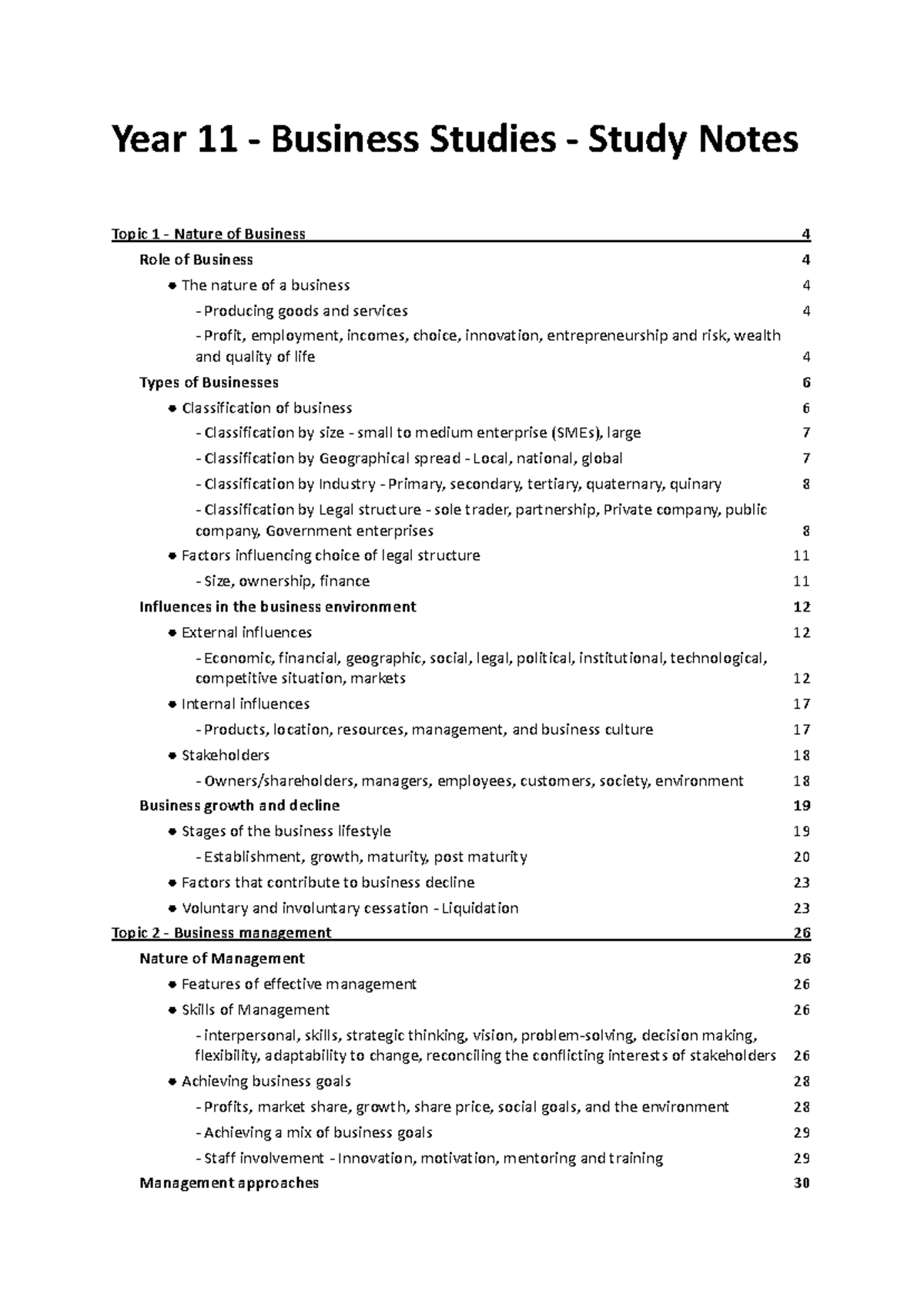Year 11 Business Studies Study Notes: Nature & Role of Business - Studocu
