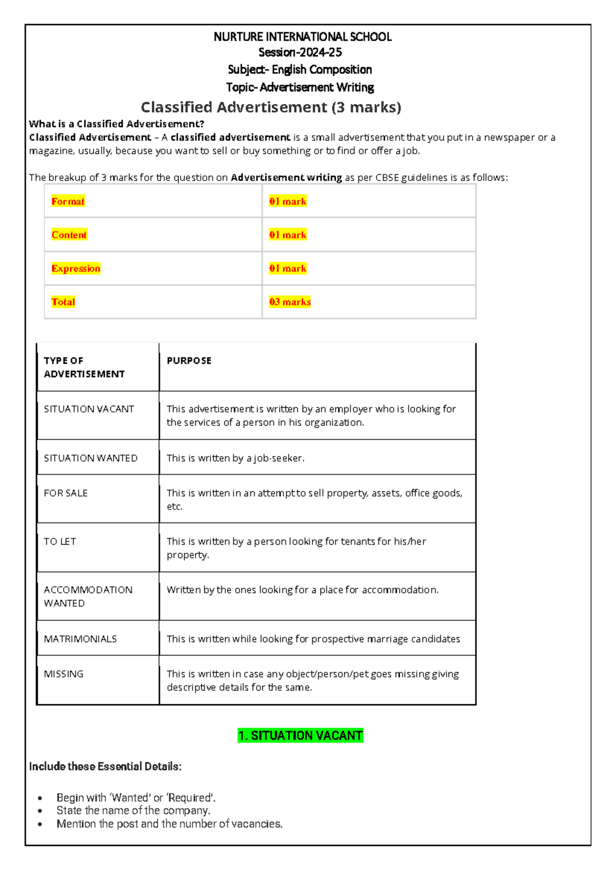 NURTURE INTERNATIONAL SCHOOL English Composition: Classified Ads Guide ...