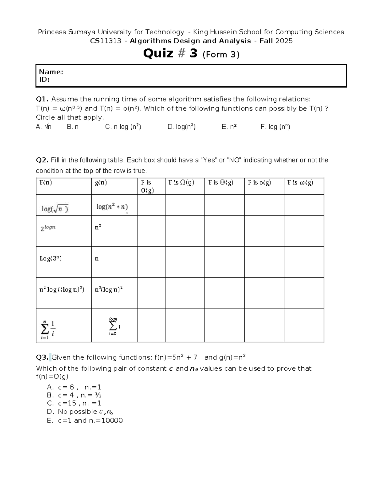 CS11313 Algorithms Design and Analysis Fall 2025 Quiz 3 (Form 3) - Studocu