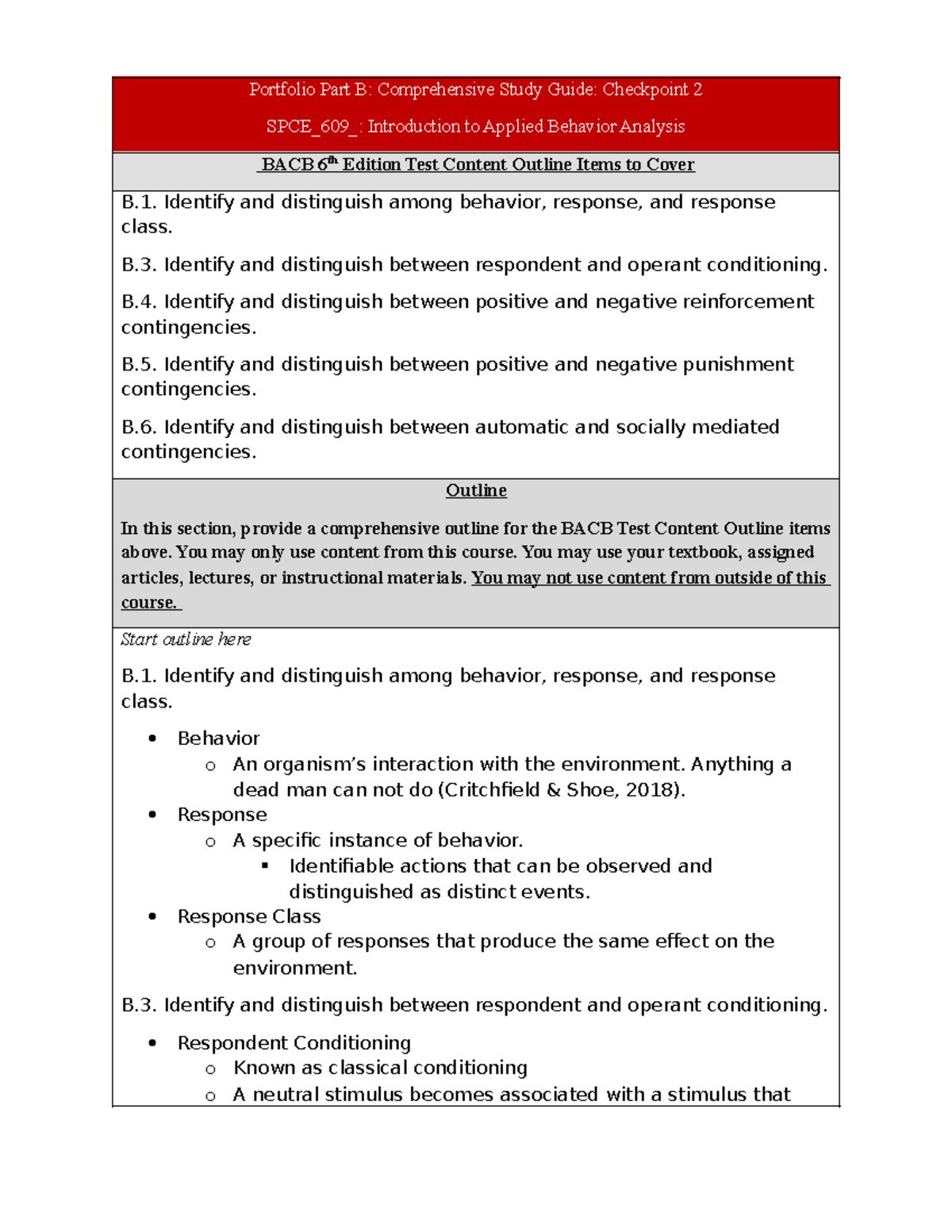 Portfolio Part B-1: Comprehensive Study Guide for SPCE_609 BACB Test ...