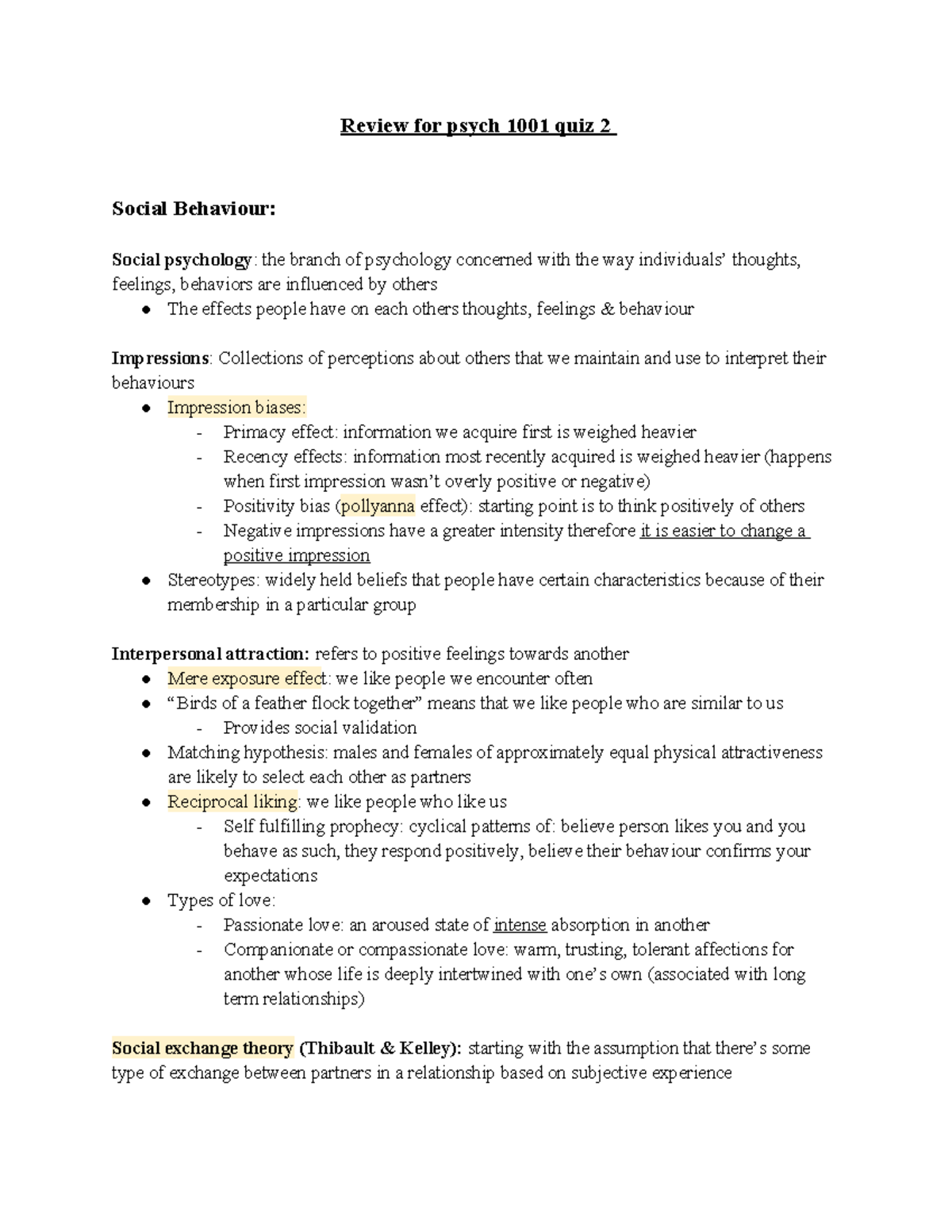 Review for psych 1002 quiz 2 on social behaviour and psychology ...