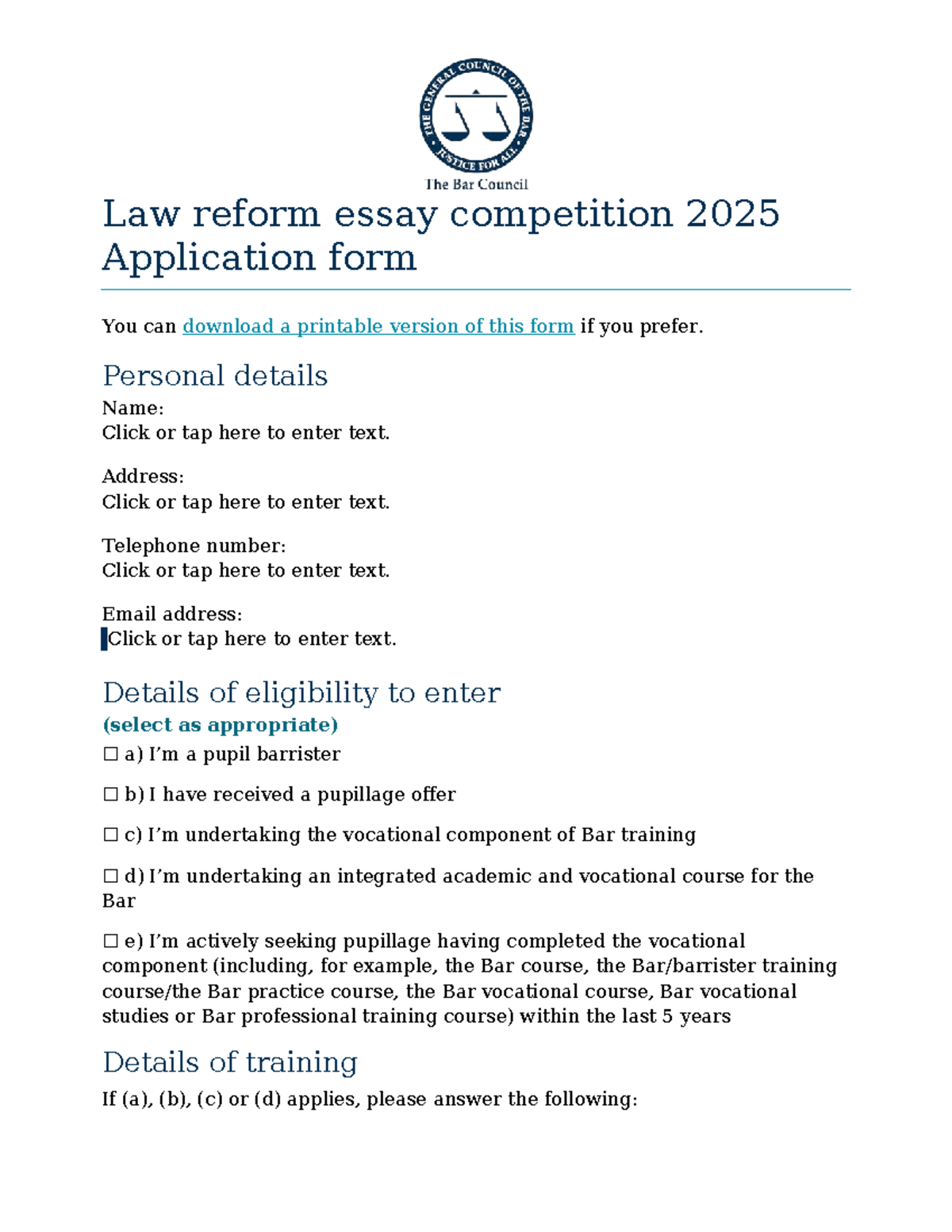 Law Reform Essay Comp 2025: Editable Application Form - Studocu