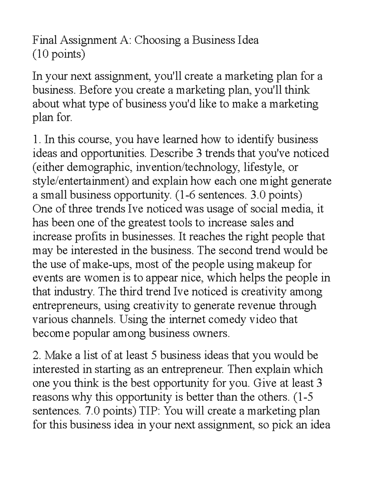 Final Assignment A: Marketing Plan for Business Ideas (10 pts) - Studocu