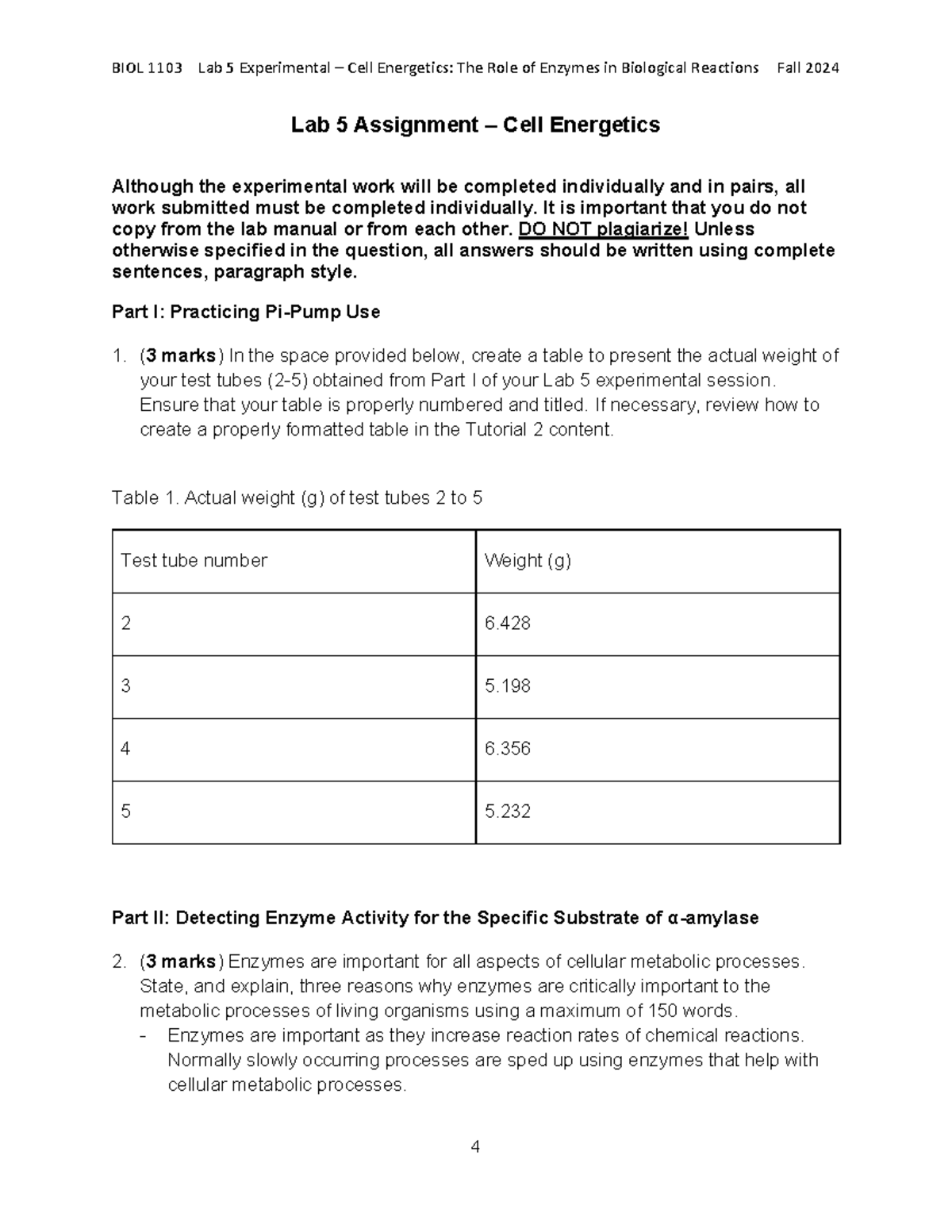 BIOL 1103 Lab 5: Experimental Cell Energetics & Enzyme Activity Fall ...