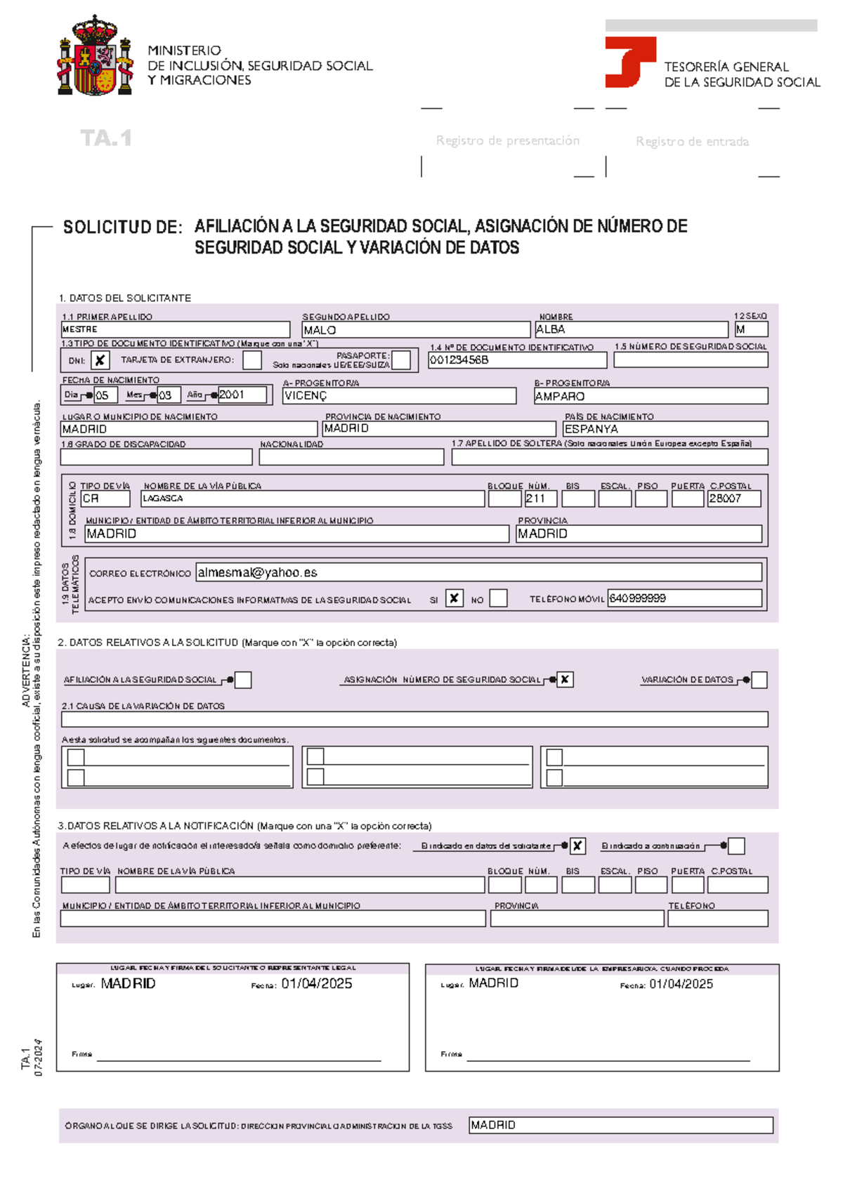 Formulario TA.1: Solicitud de Afiliación a la Seguridad Social - Studocu