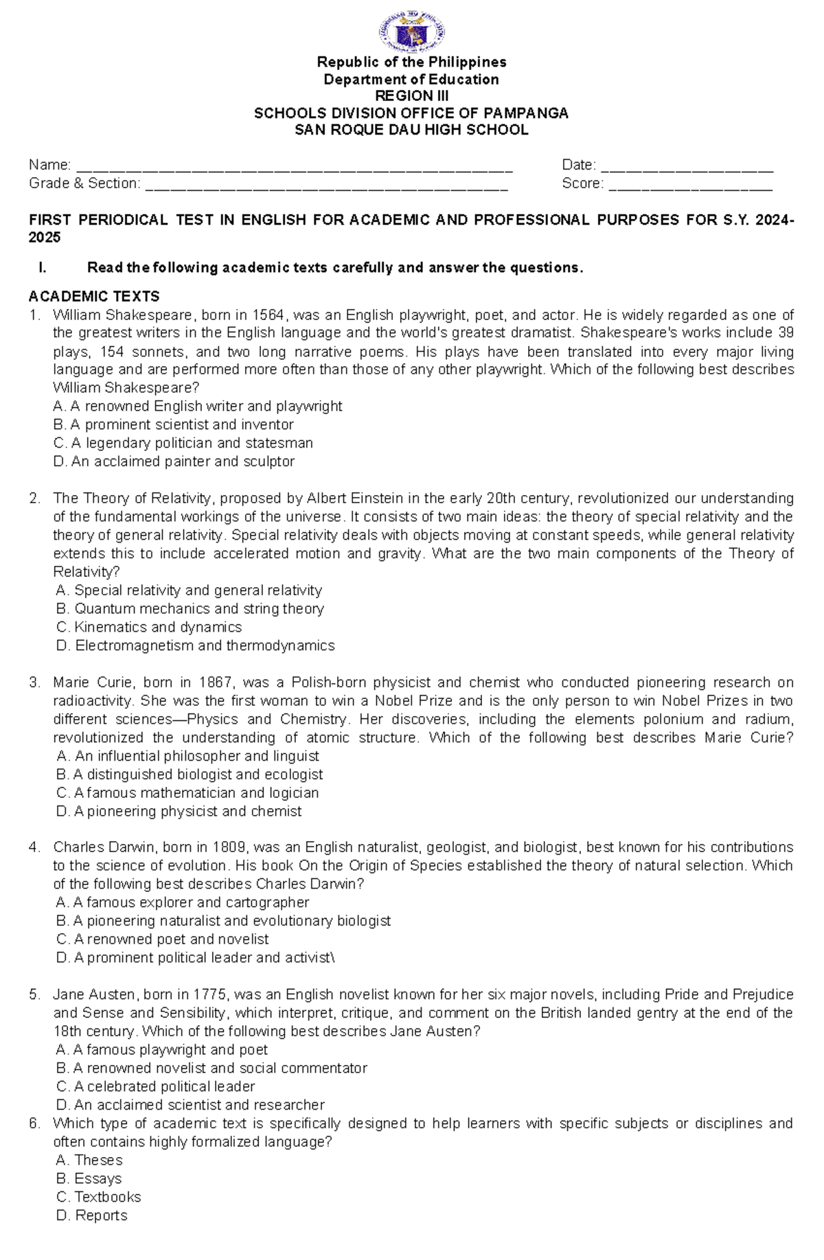 First Periodical Test in EAPP 2024-2025: English Academic Assessment ...