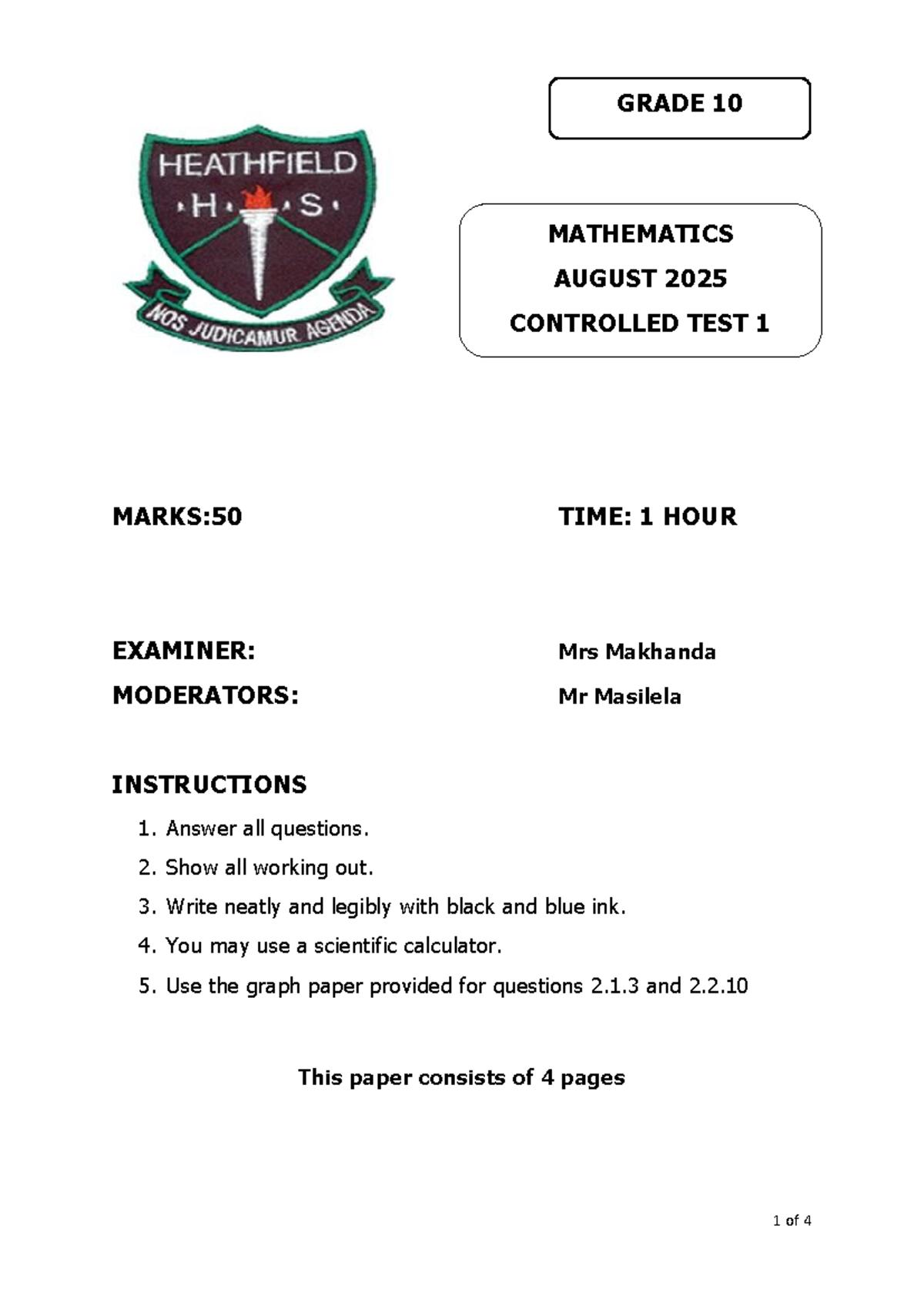 GRADE 10 MATHEMATICS AUGUST 2025 CONTROLLED TEST 1 - Studocu