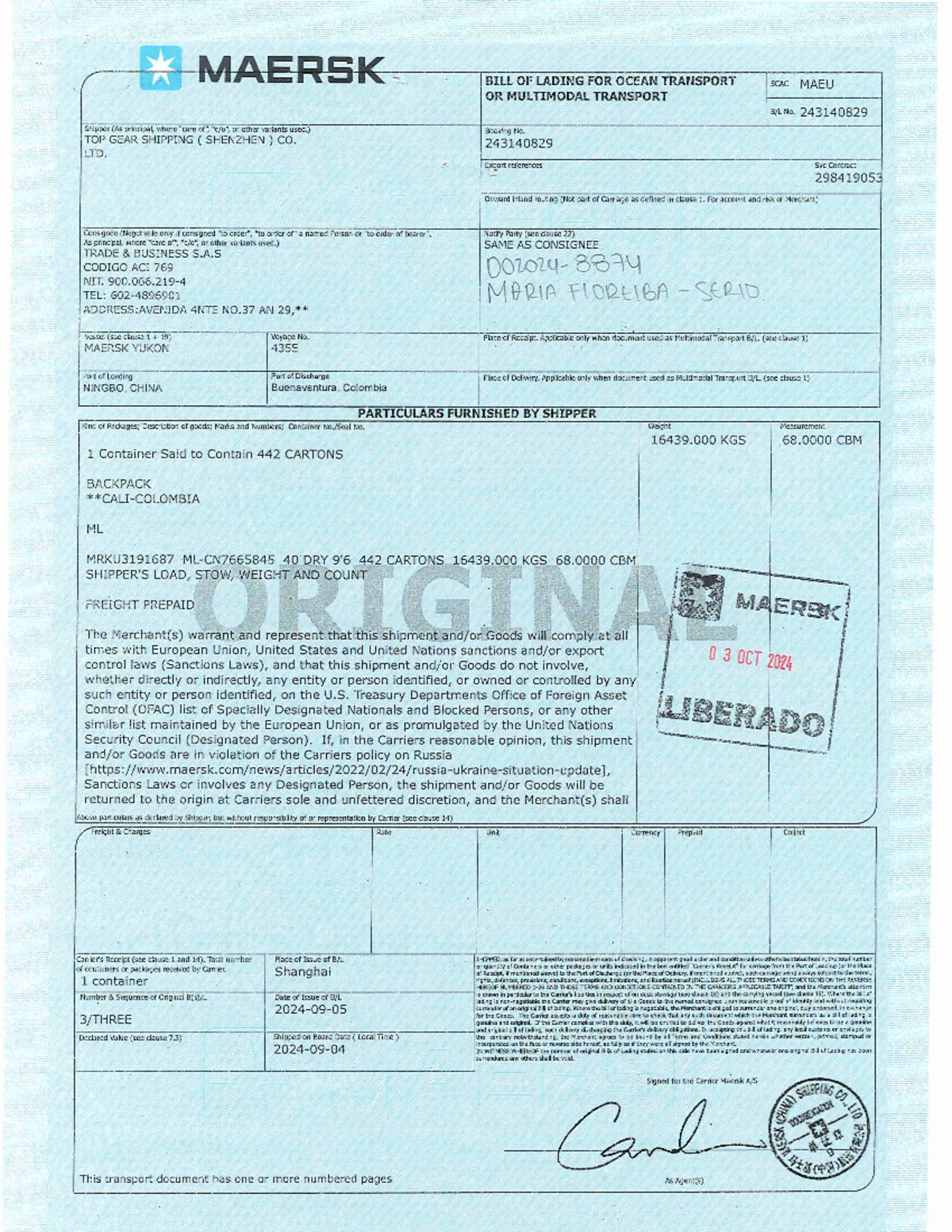 MBL Maersk Bill of Lading for Ocean Transport - Document No. 243140829 ...