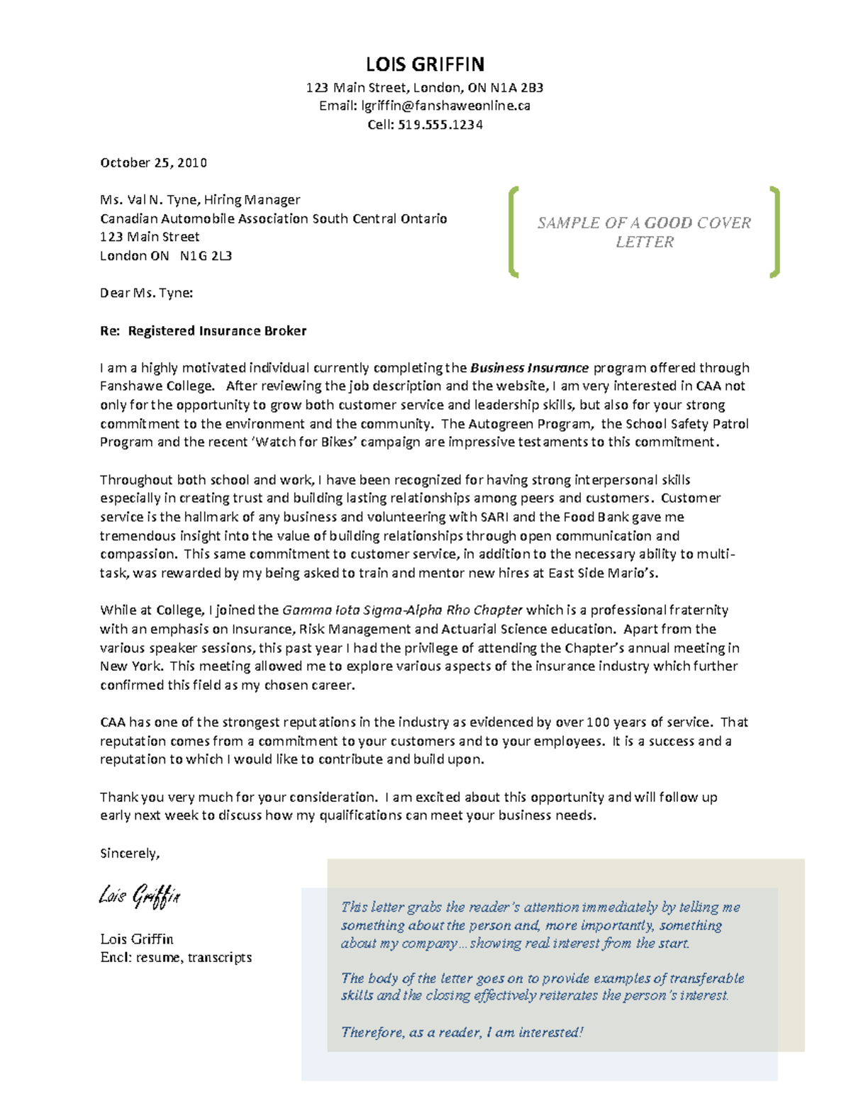 Good Sample Cover Letter Example - LOIS GRIFFIN 123 Main Street, London ...