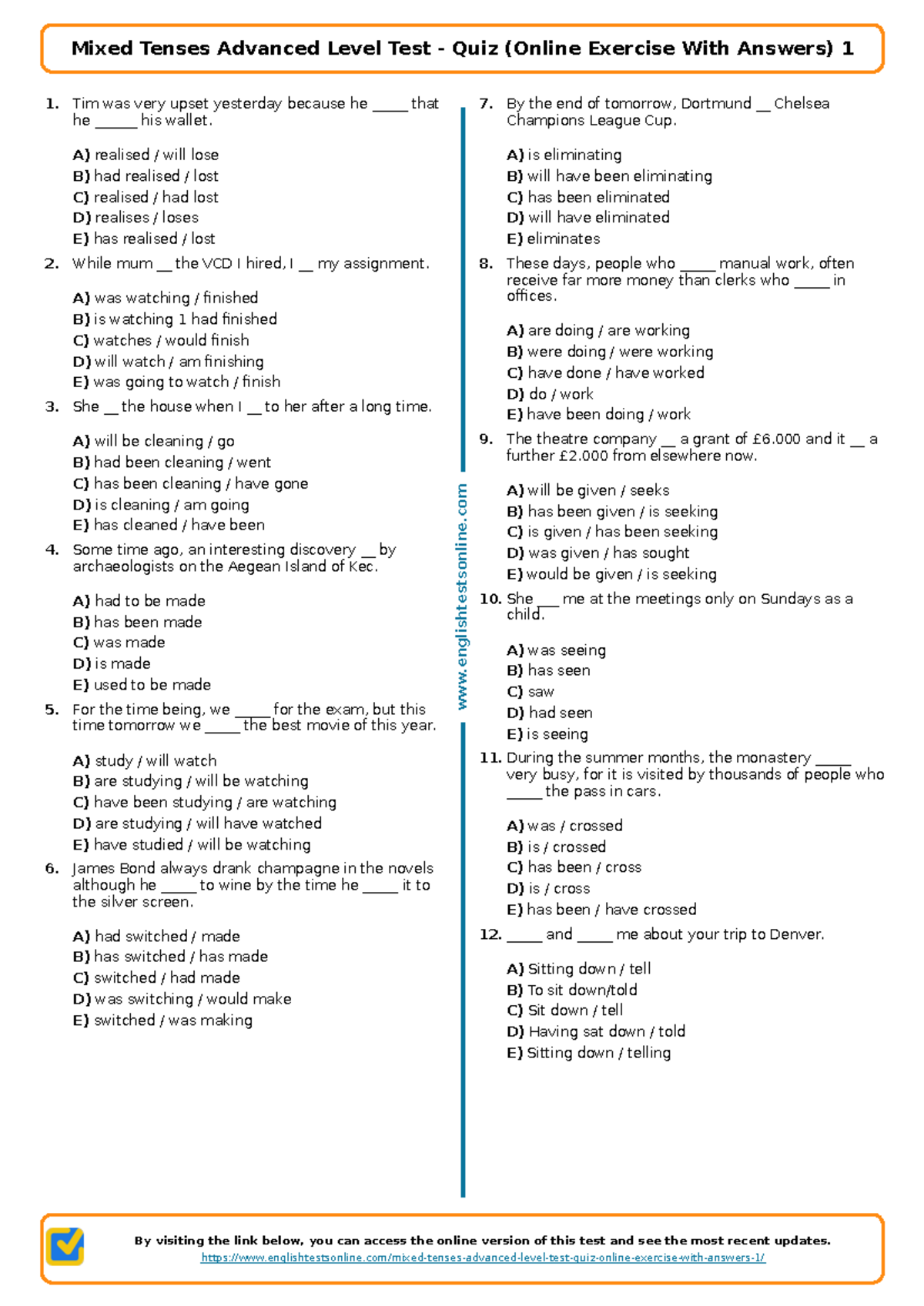 Mixed Tenses Advanced Level Test Quiz (Online Exercise Answers) - Studocu