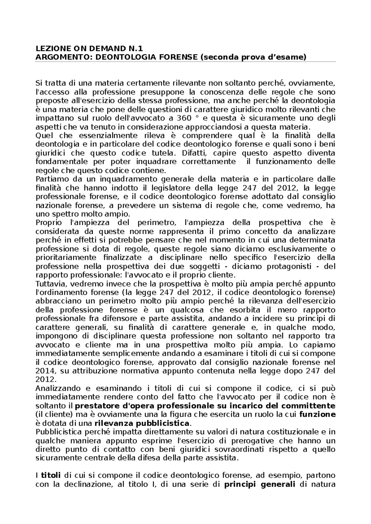 LEZIONE ON DEMAND N.1: DEONTOLOGIA FORENSE E NORMATIVE (Seconda Prova) - Document Preview
