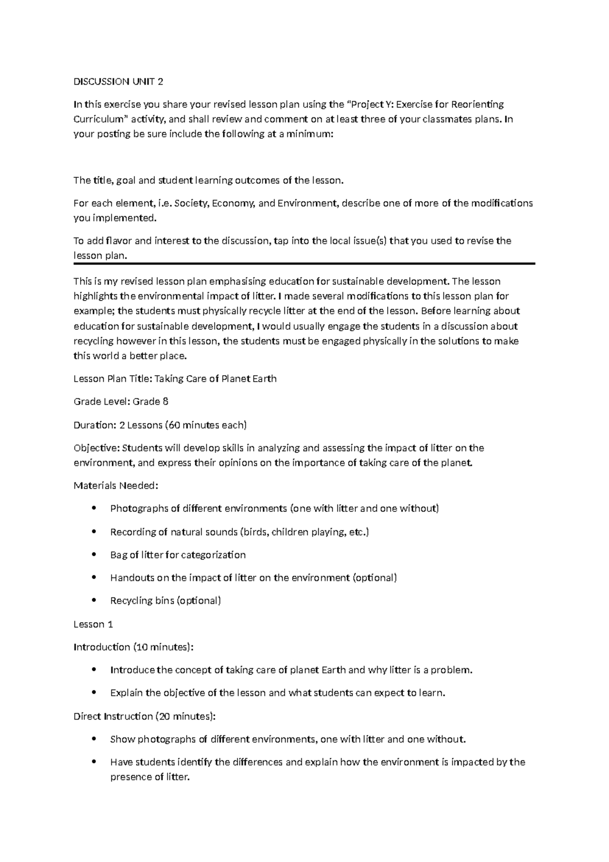 Discussion UNIT 2: Revised Lesson Plan on Sustainable Development - Studocu
