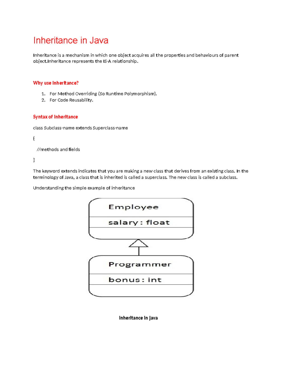 Inheritance in Java - Final Exam Notes for ACT 101 - Studocu