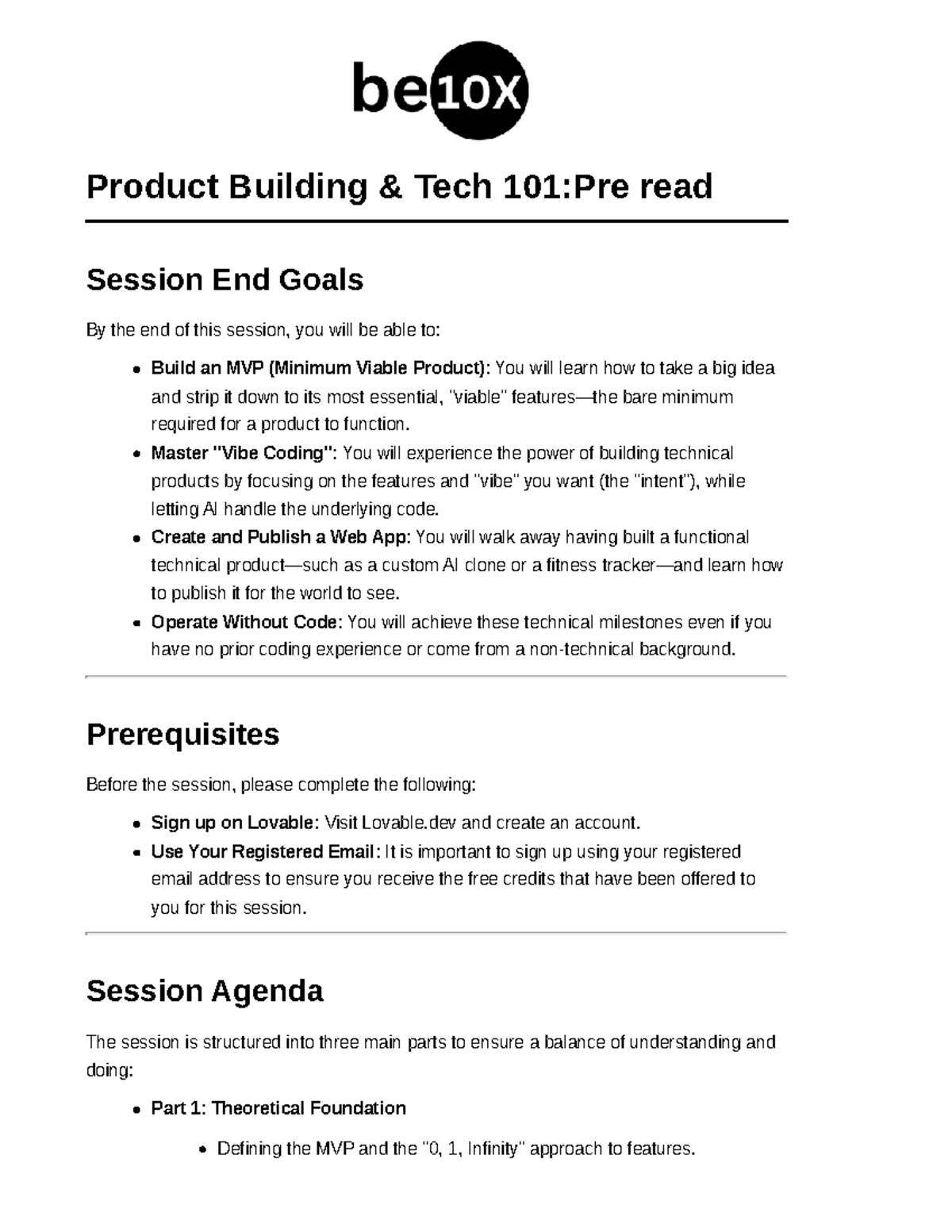 Pre-Read: Product Building & Tech 101 C8 Session Goals - Studocu