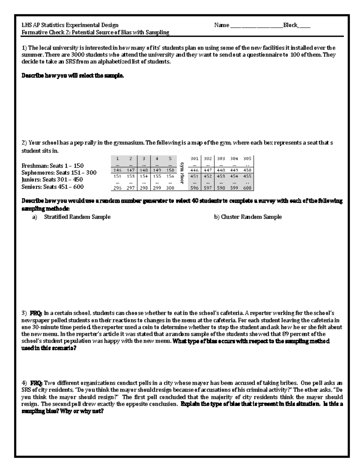 LHS AP Stats Formative Check 2: Sampling Bias Problems Analysis - Studocu