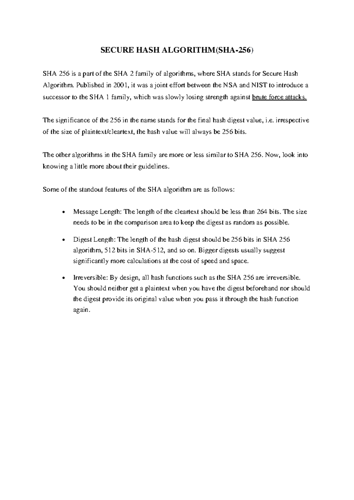 SEC 256: Overview of SHA-256 Algorithm and Its Features - Studocu