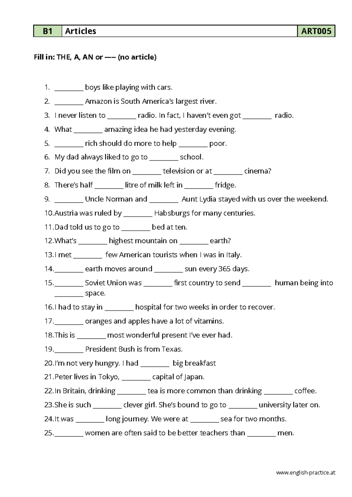 B1 Articles Practice and Key (ART 005) - Studocu